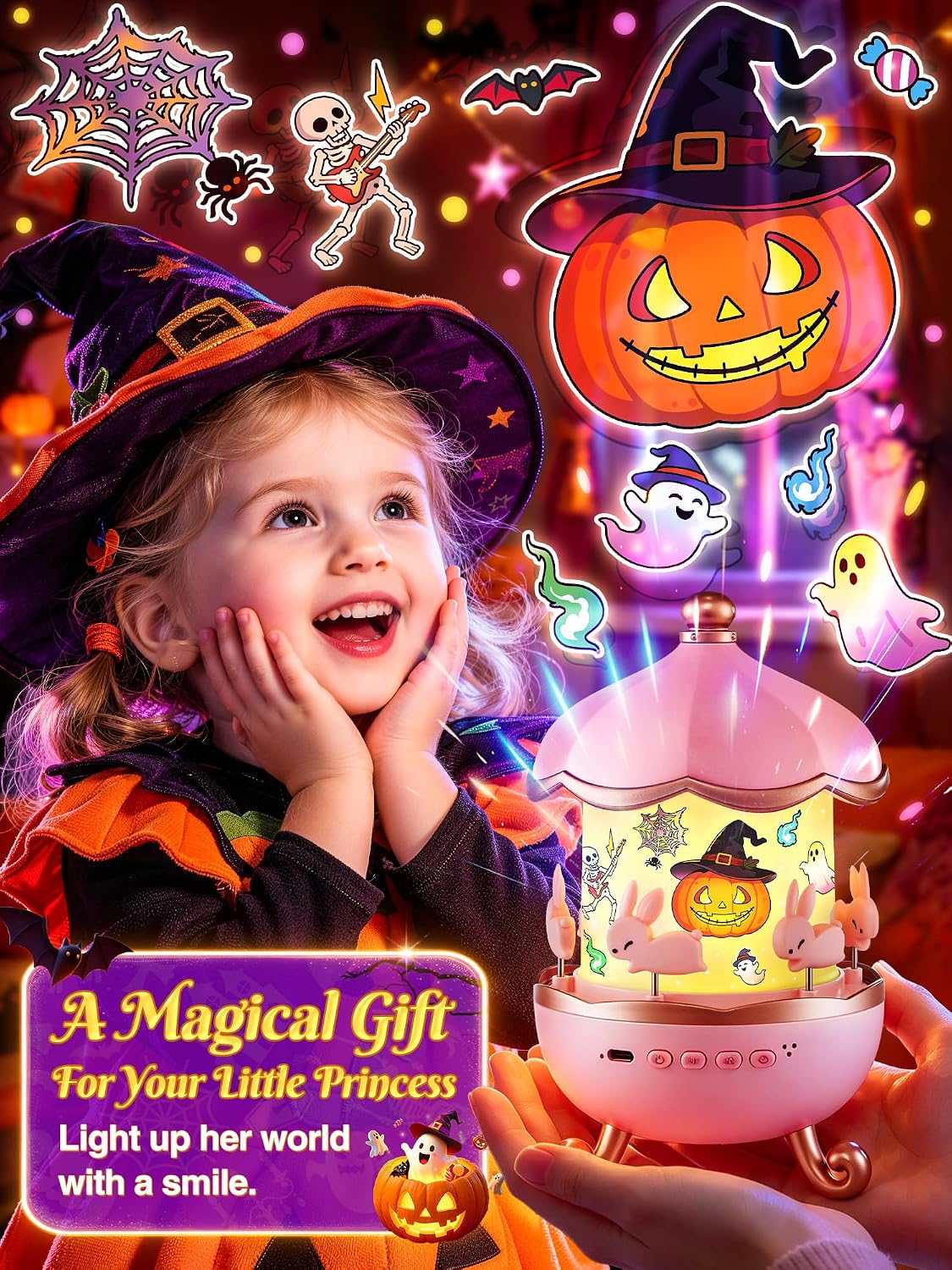 Detalle 2 de Carousel Night Light for Kids: Unicorn Star Projector With Remote, Timer, Music & Films (315 Color Modes)