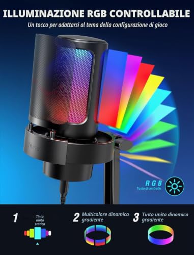 Detalle de FIFINE USB Microfono per PC Gaming PS4 PS5 – Streaming, Podcast e Chat con RGB, Controllo, Muto e Anti-Pop