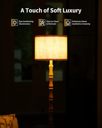 Detalle de LuminexDesigns Lámpara de Pie de Madera Vintage – Roble Natural con Pantalla de Lino Beige
