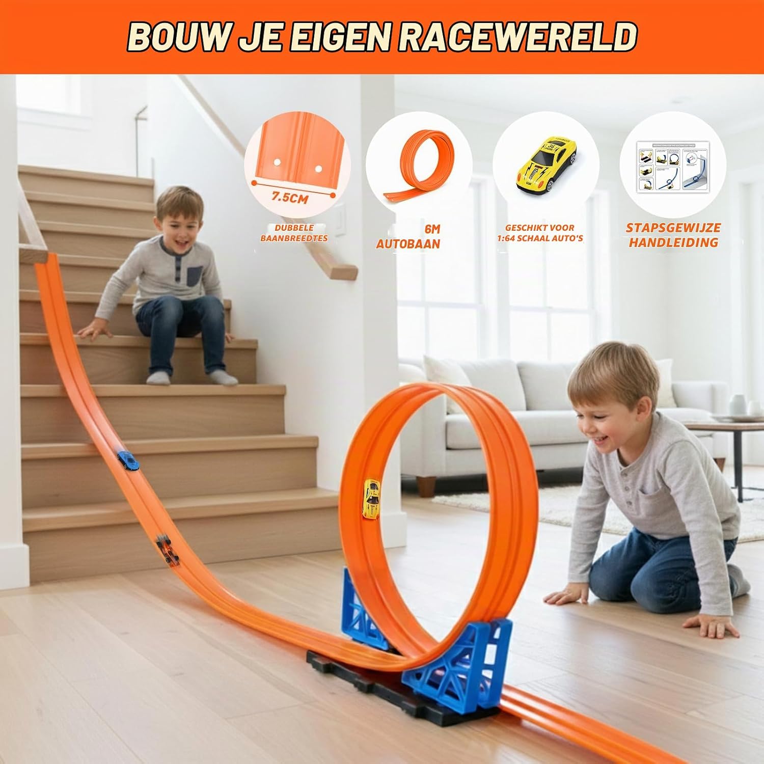Detalle 2 de Dreamon 088-11-6m-orange flexibele autoracebaan van 6 meter met 4 auto's