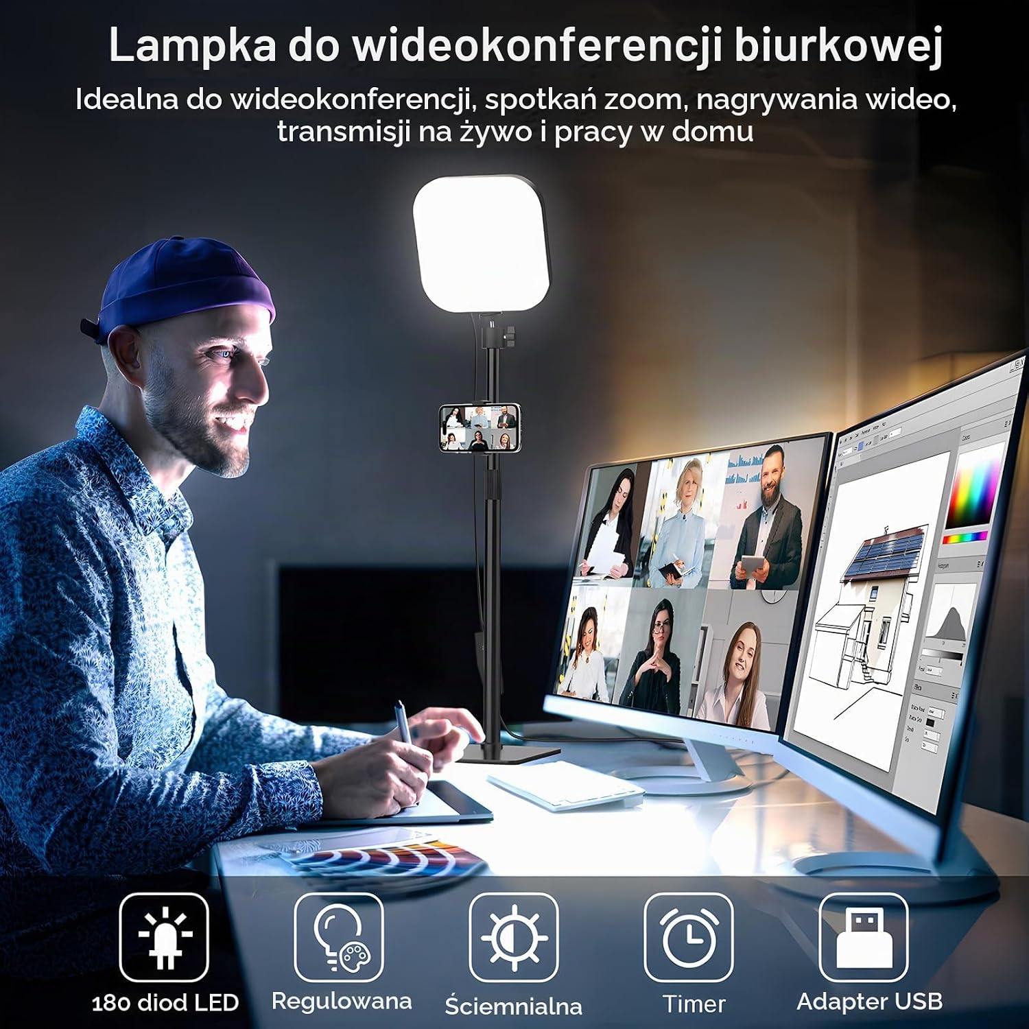Detalle 2 de Mojimdo ZLC1801-BK – lampa wideo 180 LED z uchwytem na telefon