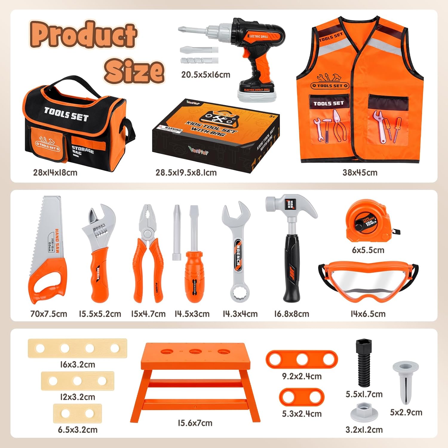 Thumbnail 6 de Vanplay 43-Piece Kids Tool Set with Electric Drill, Tool Bag and Vest – Pretend Play for 3+