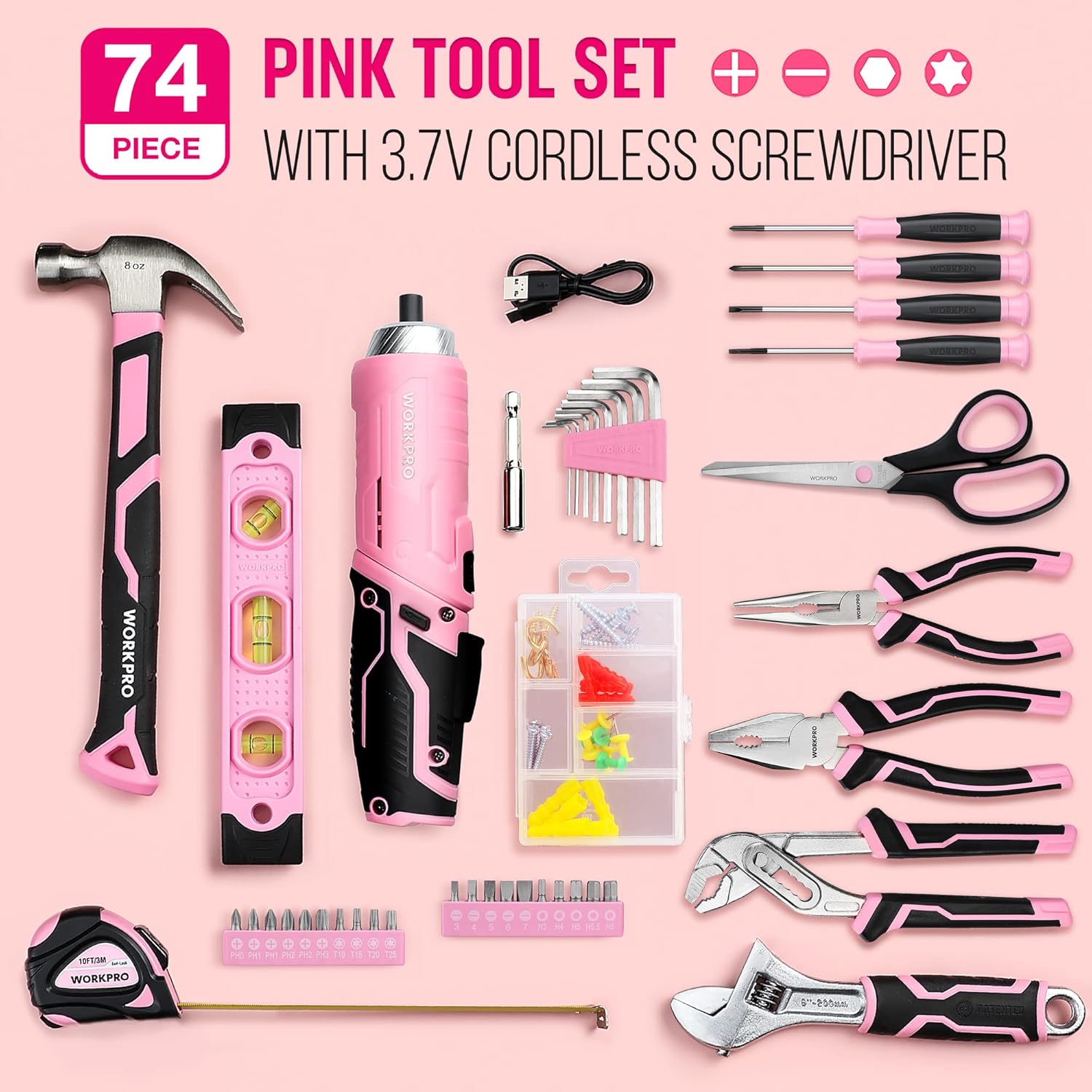 Detalle de WORKPRO 74-Piece Tool Set with Cordless 3.7V Screwdriver (Pink) – Practical DIY Kit for Everyday Home Repairs
