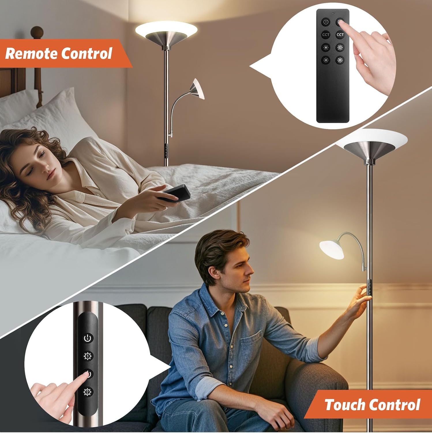 Detalle de BBHome Stehlampe Wohnzimmer LED – 27W Deckenfluter mit 6W Leselampe, dimmbar (3000–6500 K) und Fernbedienung