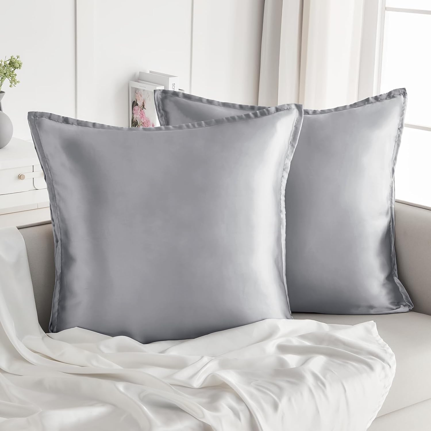 Detalle de Vielit Taie Oreiller Satin 65x65 – Lot de 2, gris, Certifiée OEKO-TEX
