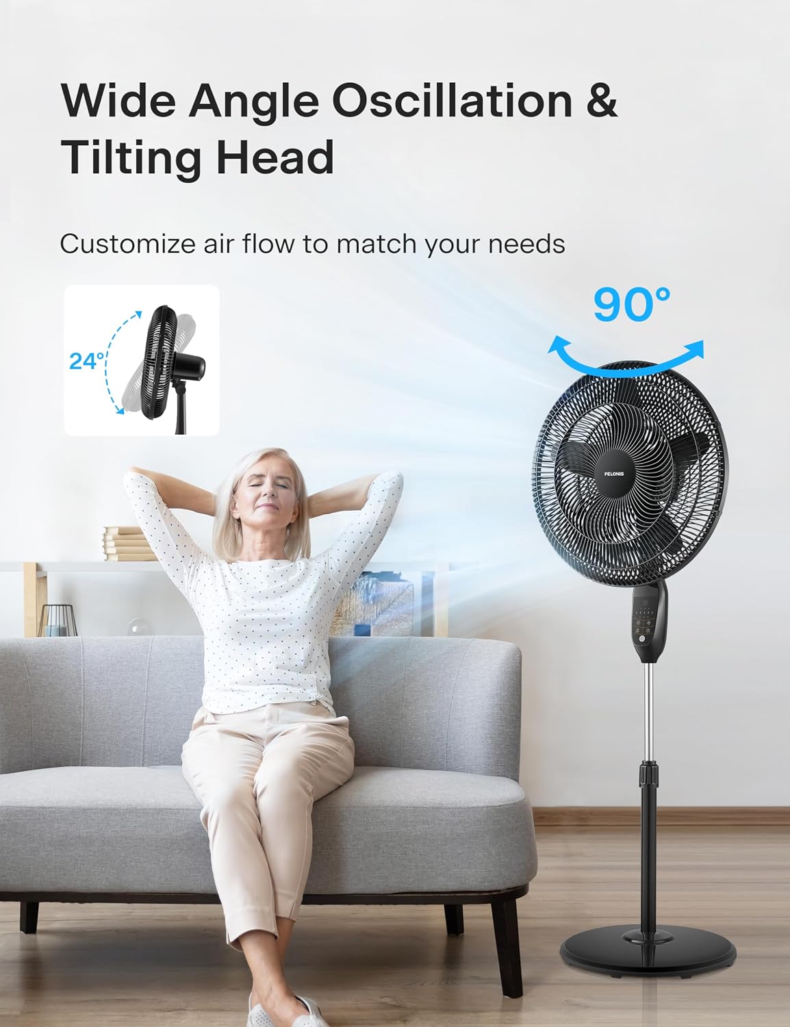 Detalle 2 de PELONIS PFS45A5BBB 18 inch 5-Blade Oscillating Remote Pedestal Fan with LED Display and 7-Hour Timer (Black)