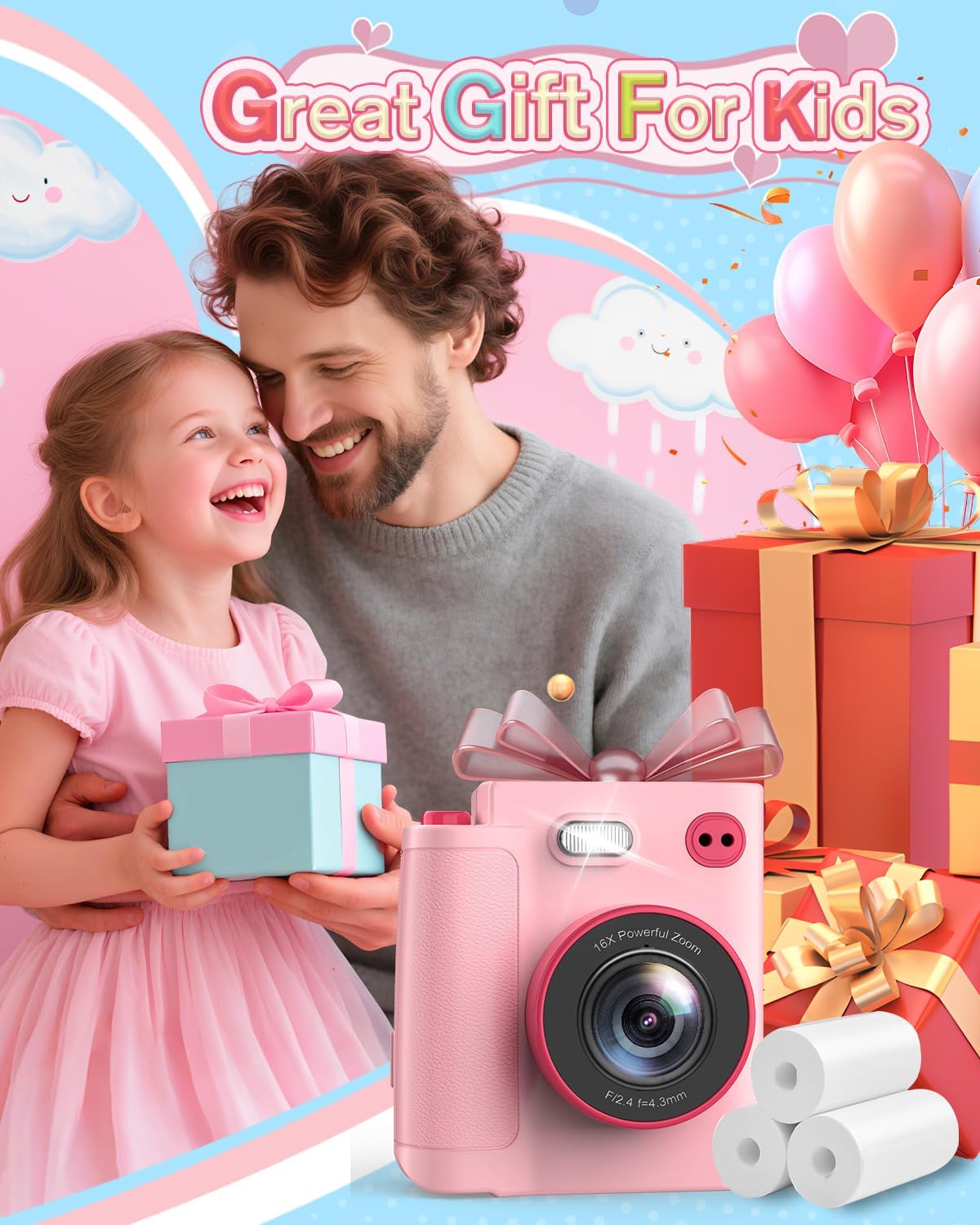 Thumbnail 5 de MYSTILUCK Appareil photo instantané pour enfants 1080P avec carte 32 Go et papier d’impression