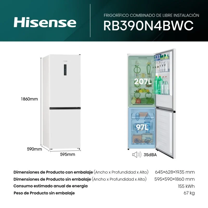 Detalle 2 de Hisense RB390N4BWC: Frigorífico Combi Total No Frost 304 L, Blanco