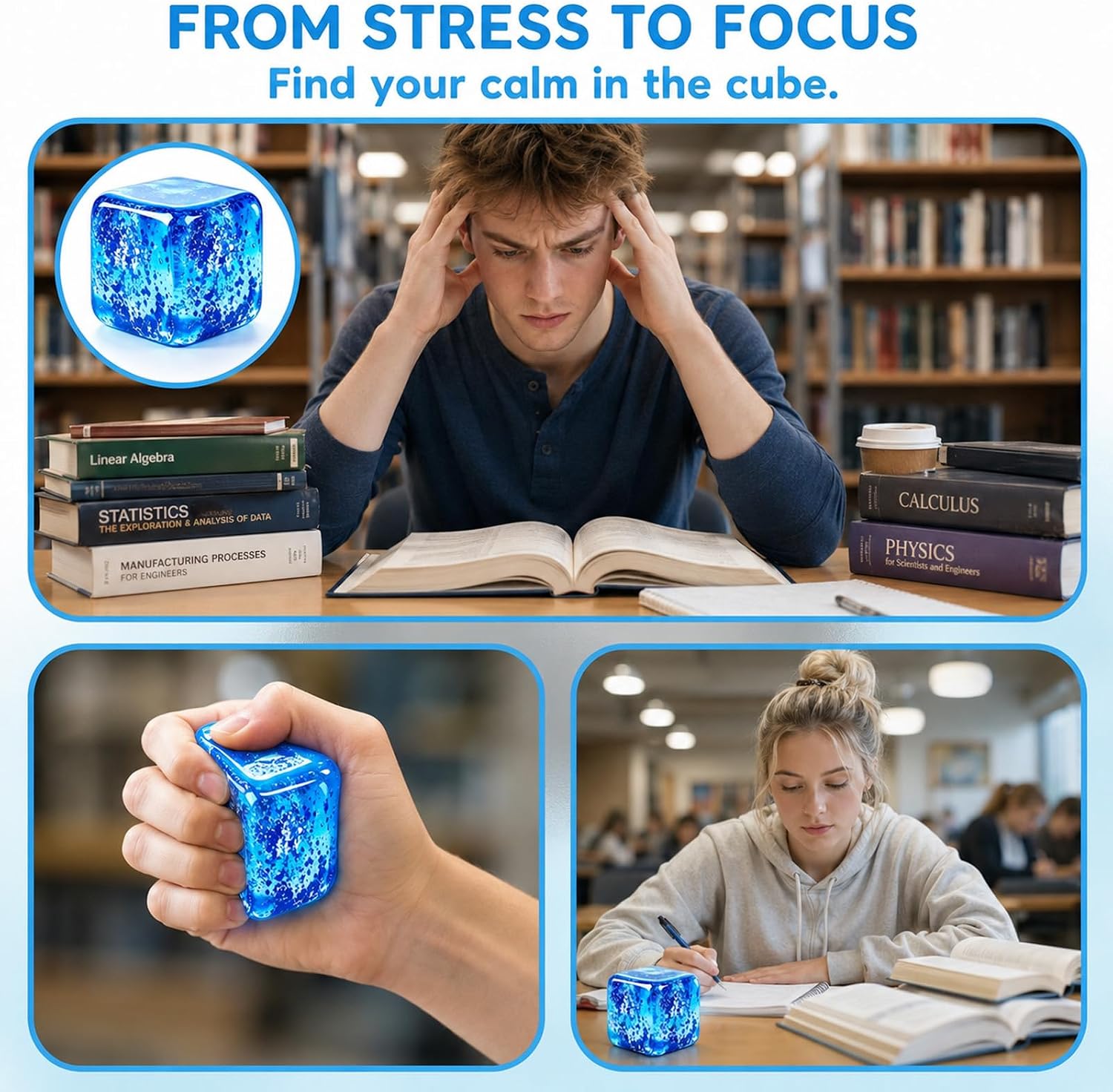 Detalle de Stress Cube Squishy Stress Ball: Glitter Ice Cube (2.17in) in Blue