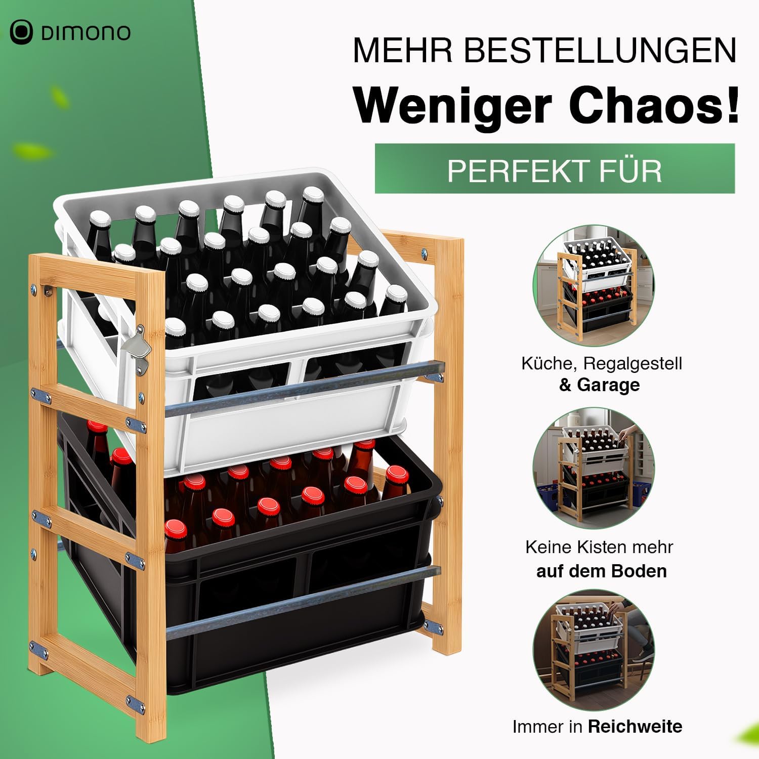 Detalle 2 de Dimono Drinks Crate Rack for 2 Crates, Bamboo Shelf with Steel Brackets