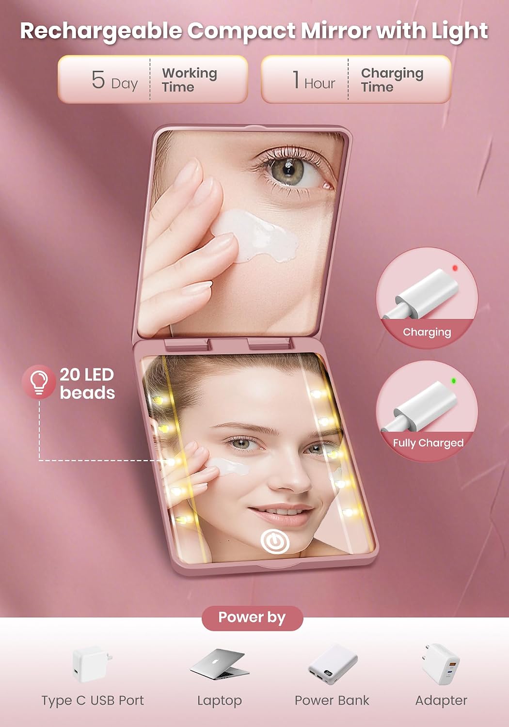 Detalle 1 de SisKokoro Rechargeable Compact Makeup Mirror, 30X Magnification, 3 Light Modes