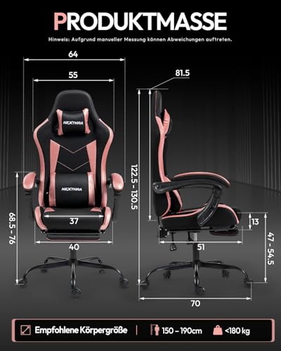 Detalle de Nexthra Gaming Stuhl – ergonomischer Bürostuhl mit höhenverstellbaren Linkage-Armlehnen, Lendenkissen und Fußstütze – Rosa