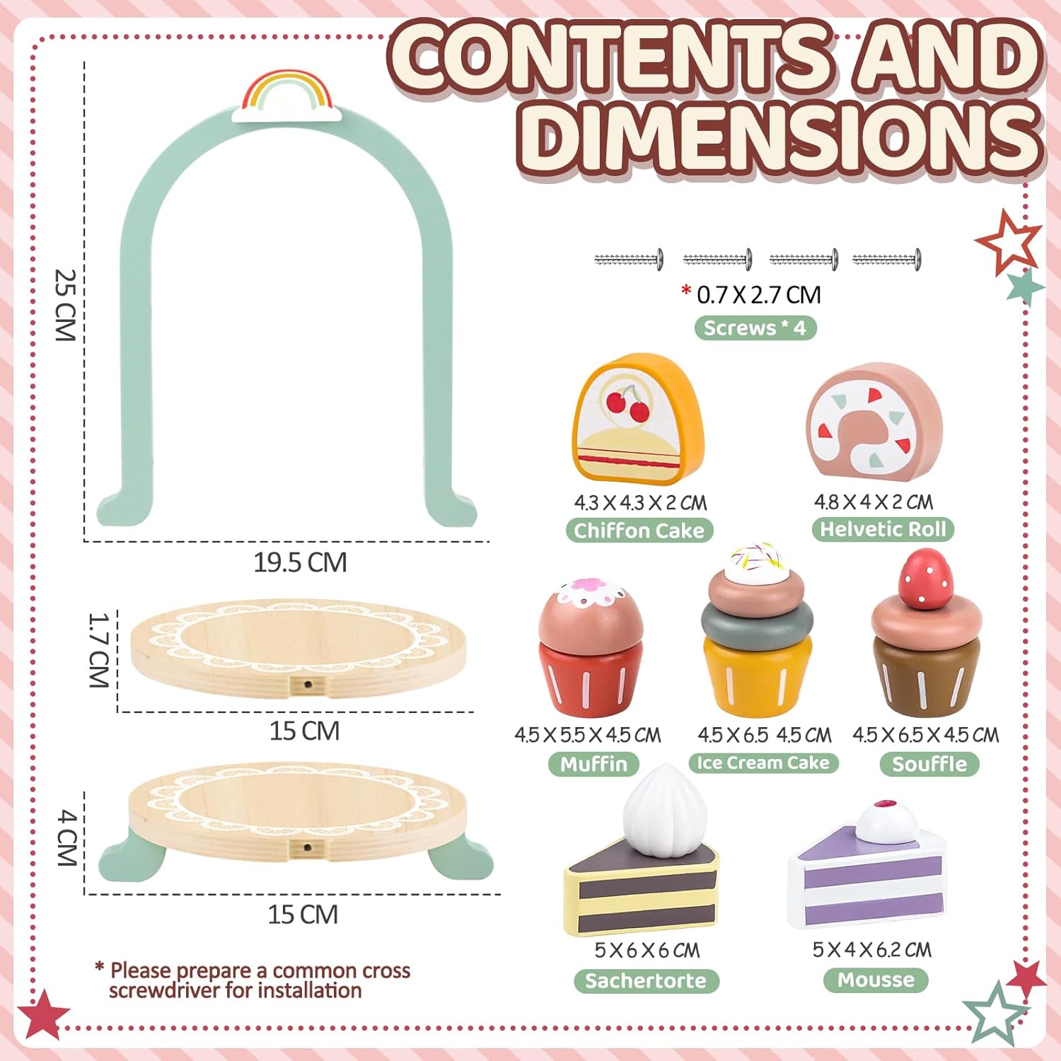 Detalle 2 de Airlab Dessert-Set aus Holz für die Kinderküche – Tee-Set mit Ständer, Kuchen & Cupcakes