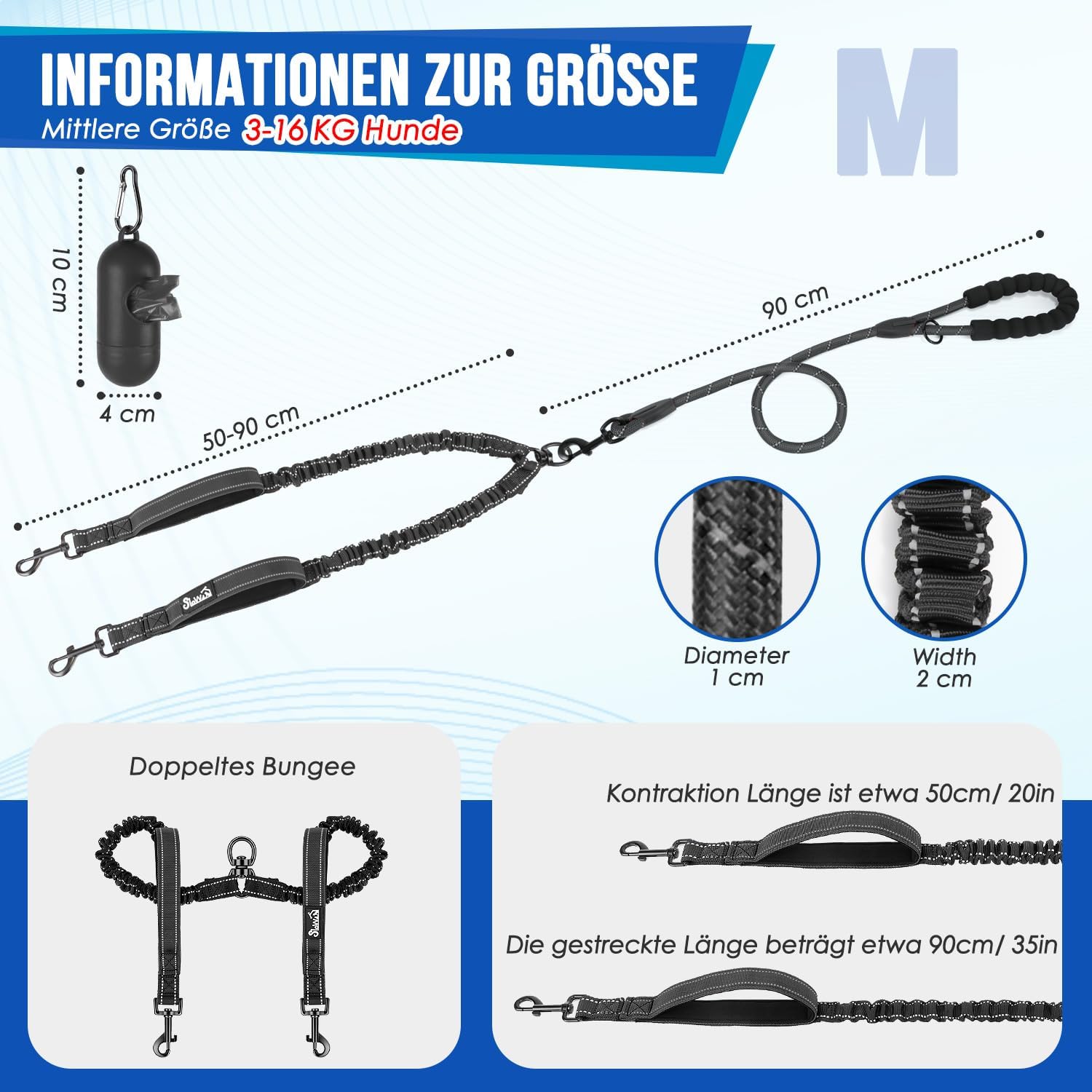 Detalle de SlowTon Doppelleine für 2 Hunde mit 360° Drehverschluss und stoßdämpfender Bungee – reflektierend & gepolsterte Griffe