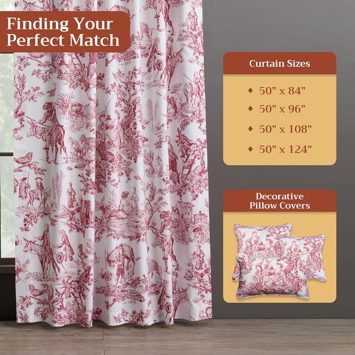 Detalle de Maison d' Hermine The Miller Red Toile Curtains — 50" W x 84" L, 100% Cotton