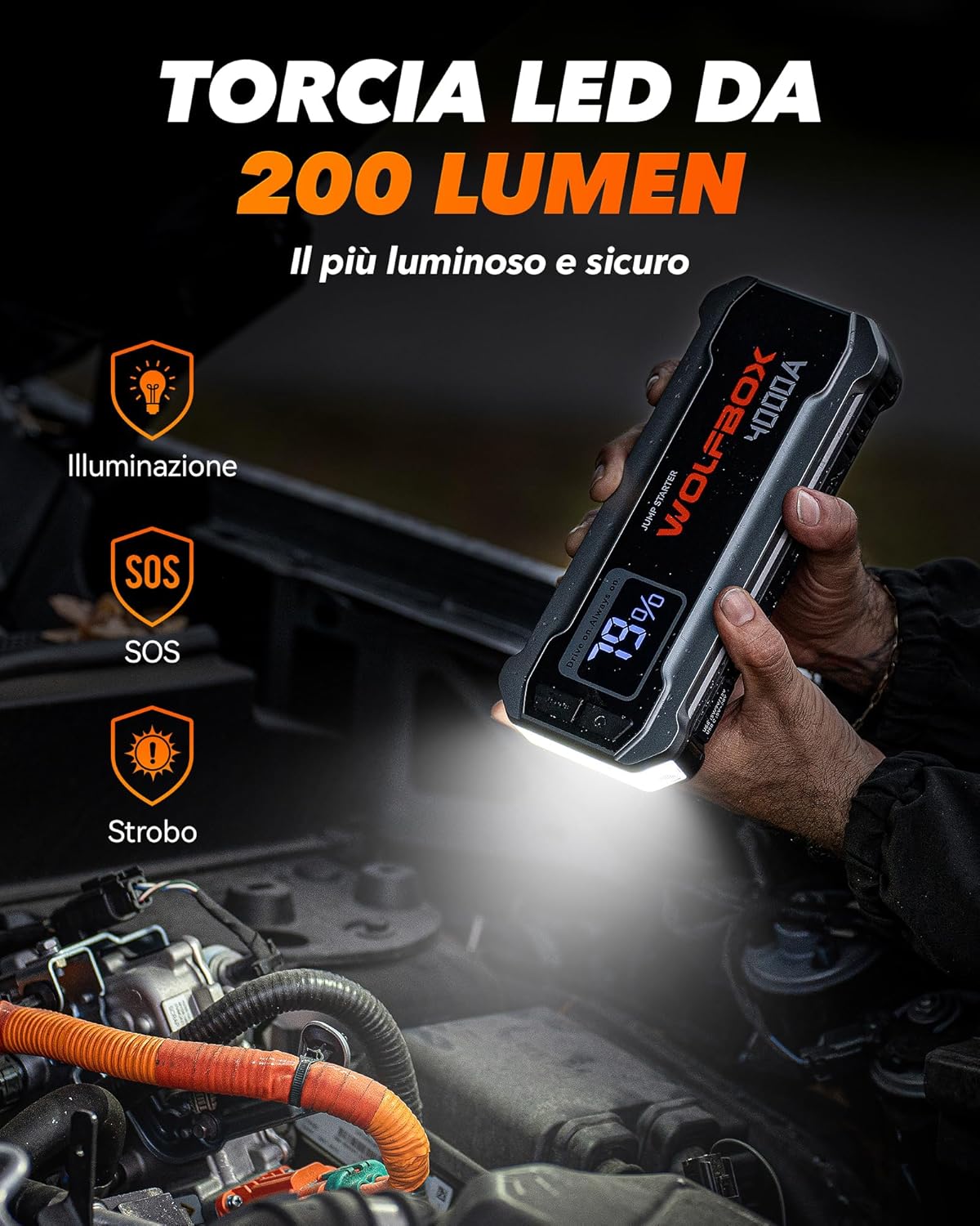 Detalle 2 de WOLFBOX Booster Avviamento Auto 4000A: Avviatore Batteria portatile 88.8Wh con USB-C 65W, LED e protezioni IP64
