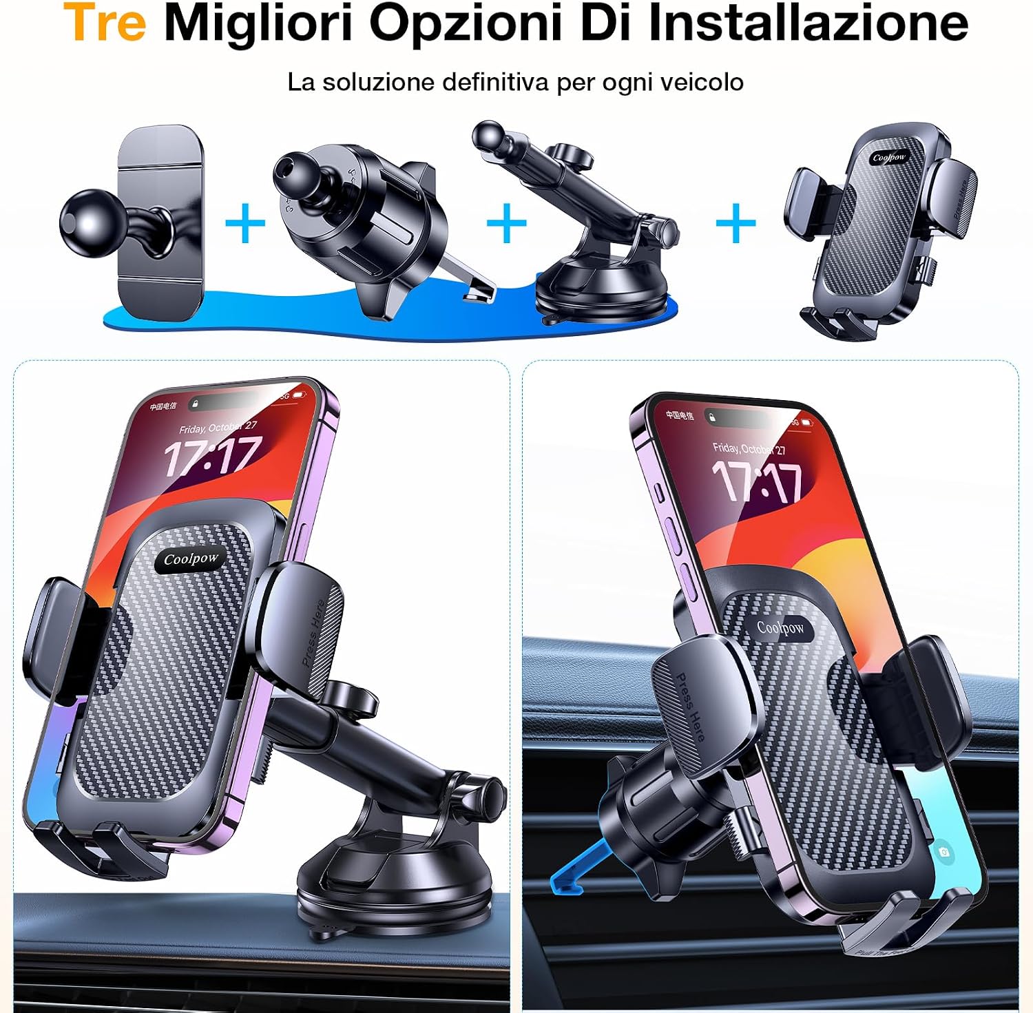 Detalle 2 de Coolpow Upgrated Porta Cellulare Auto 4‑in‑1