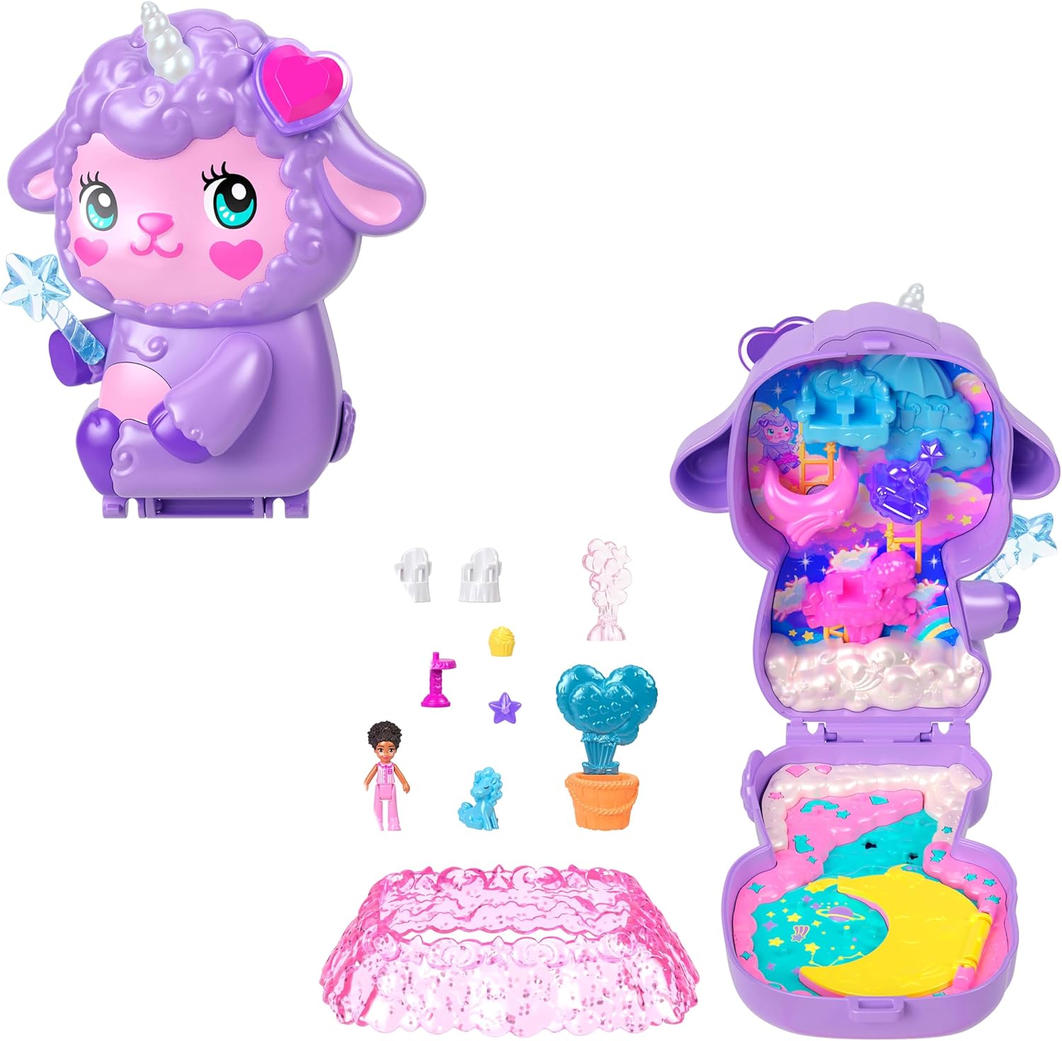 Detalle de Polly Pocket Traumland-Schatulle in Lammform – Reisespielzeug mit Minipuppe und Einhorn
