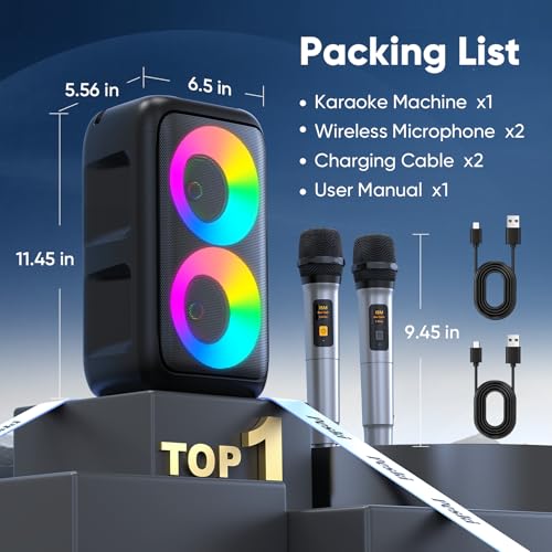 Thumbnail 8 de Peski Karaoke Machine for Adults & Kids — 15W Portable Bluetooth PA System with 2 Mics, TWS, LED Lights, 10H Battery