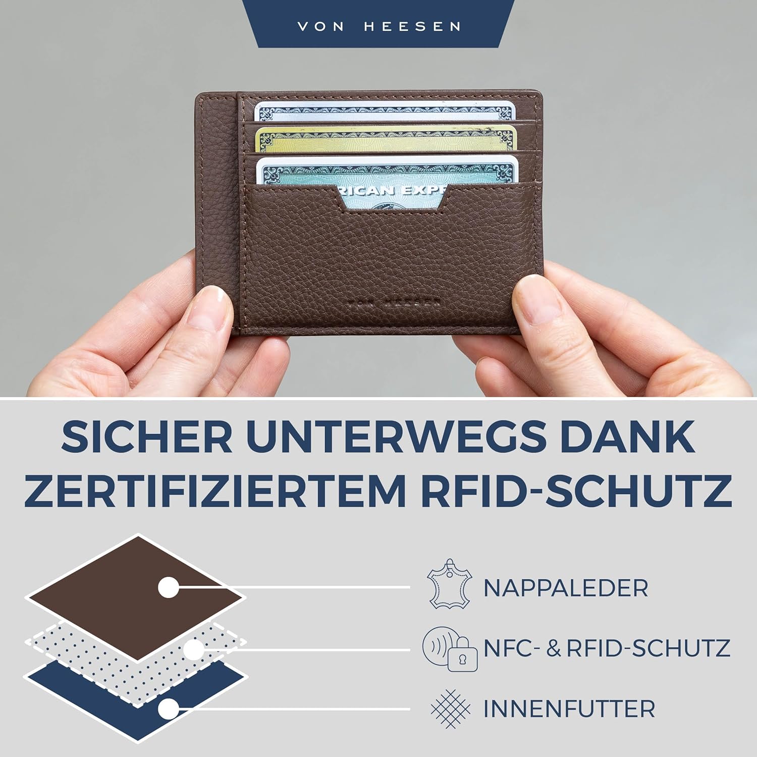 Thumbnail 2 de VON HEESEN Echtleder RFID Kartenetui aus Nappa-Leder – Querformat mit 9 Fächern, Braun