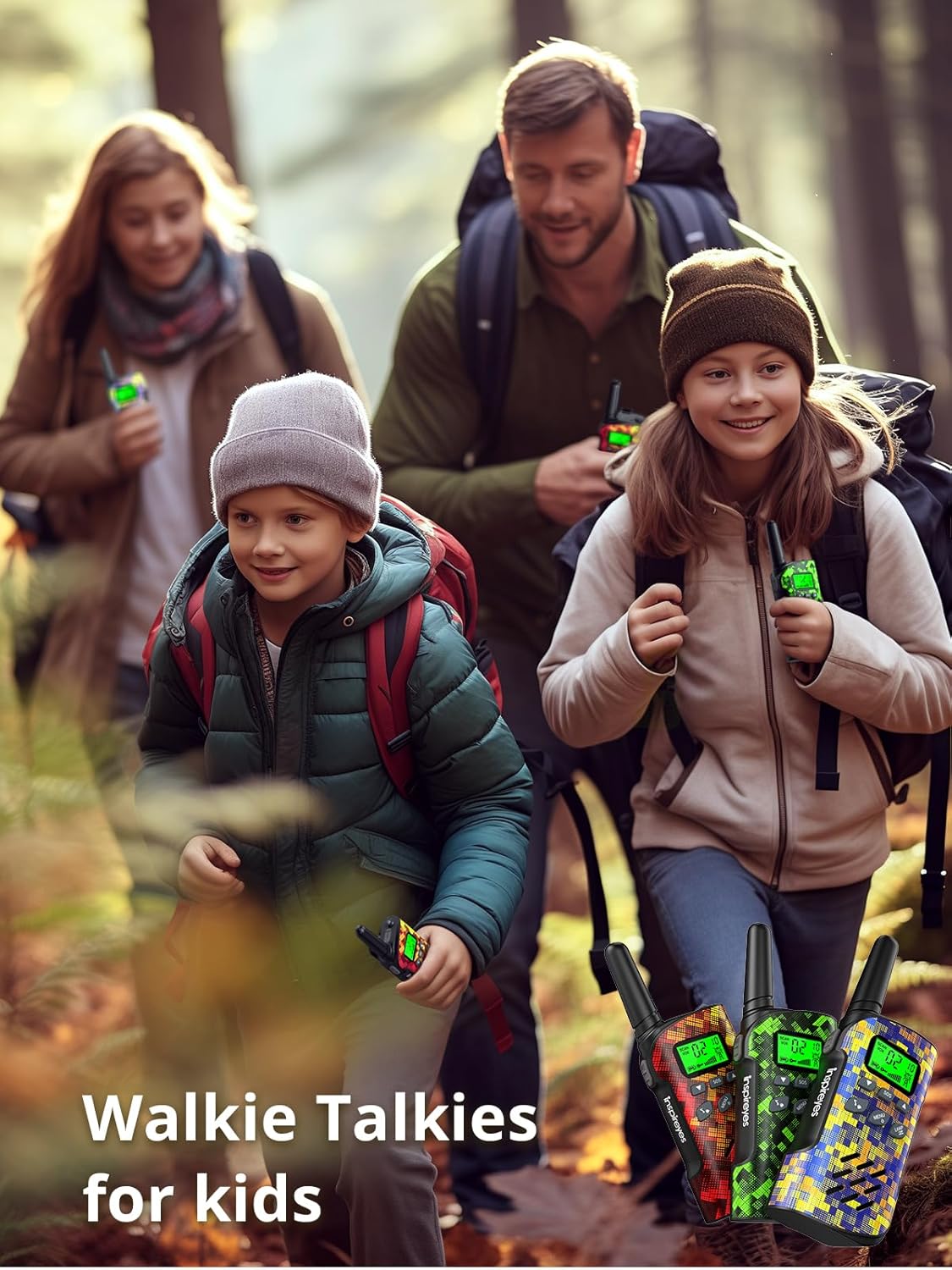 Detalle 2 de Inspireyes Kinder-Walkie-Talkies Aufladbar (3er-Set) – 48 Stunden Einsatz, 22 Kanäle, VOX, mit Taschenlampe & SOS, ideal für Outdoor-Aktivitäten