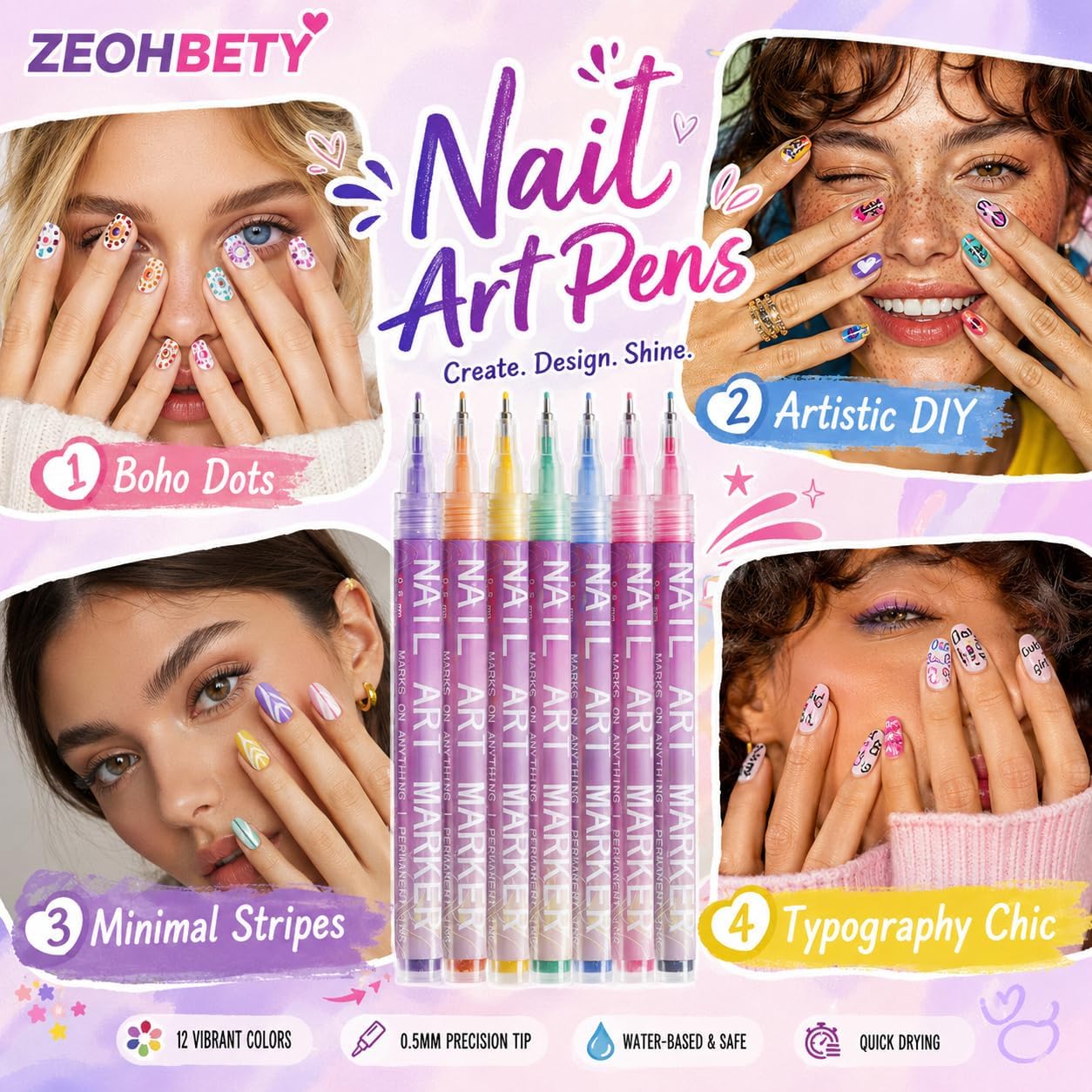 Thumbnail 2 de ZEOHBETY nailartpennen, 12 kleuren, punt van 0,7 mm