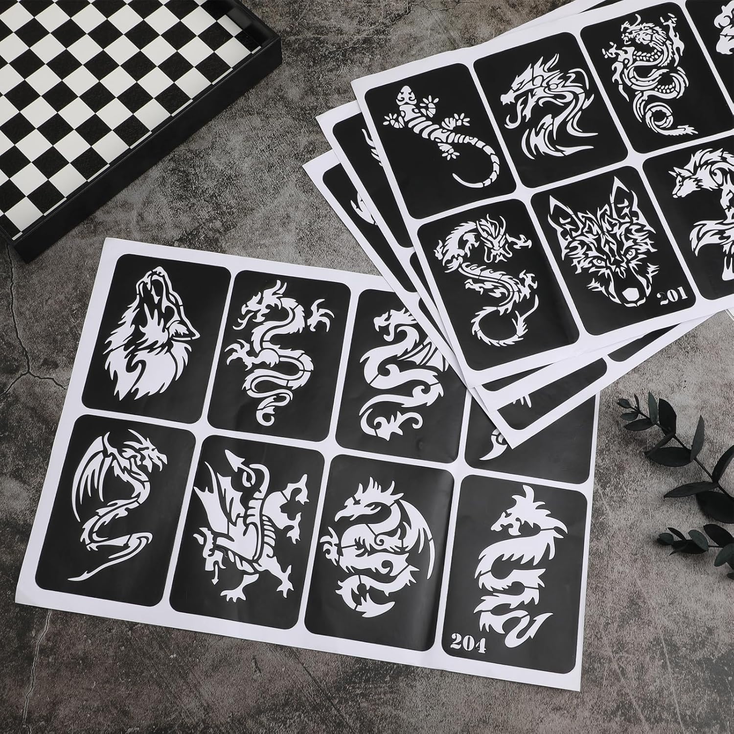 Thumbnail 6 de 4 Sheets 32Pcs Temporäre Tätowierung Schablonen – Selbstklebende Vorlagen Set für Gesicht, Körper und Party