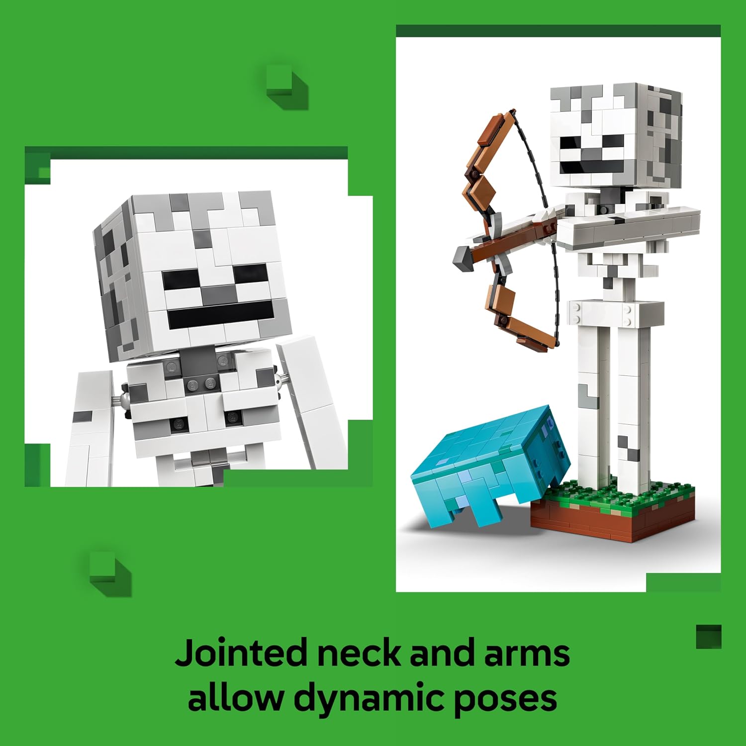 Detalle de LEGO Minecraft The Skeleton Toy – Figure with Diamond Helmet, Bow & Arrow and Grass Base (21594)