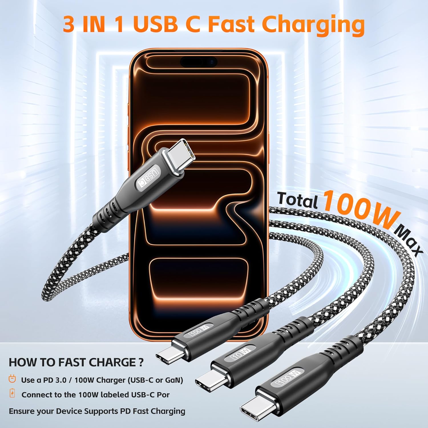 Thumbnail 1 de Amuvec 100W USB C Multi Charging Cable 3-in-1, Nylon Braided PD 3.0 with E-Mark – 1.2m