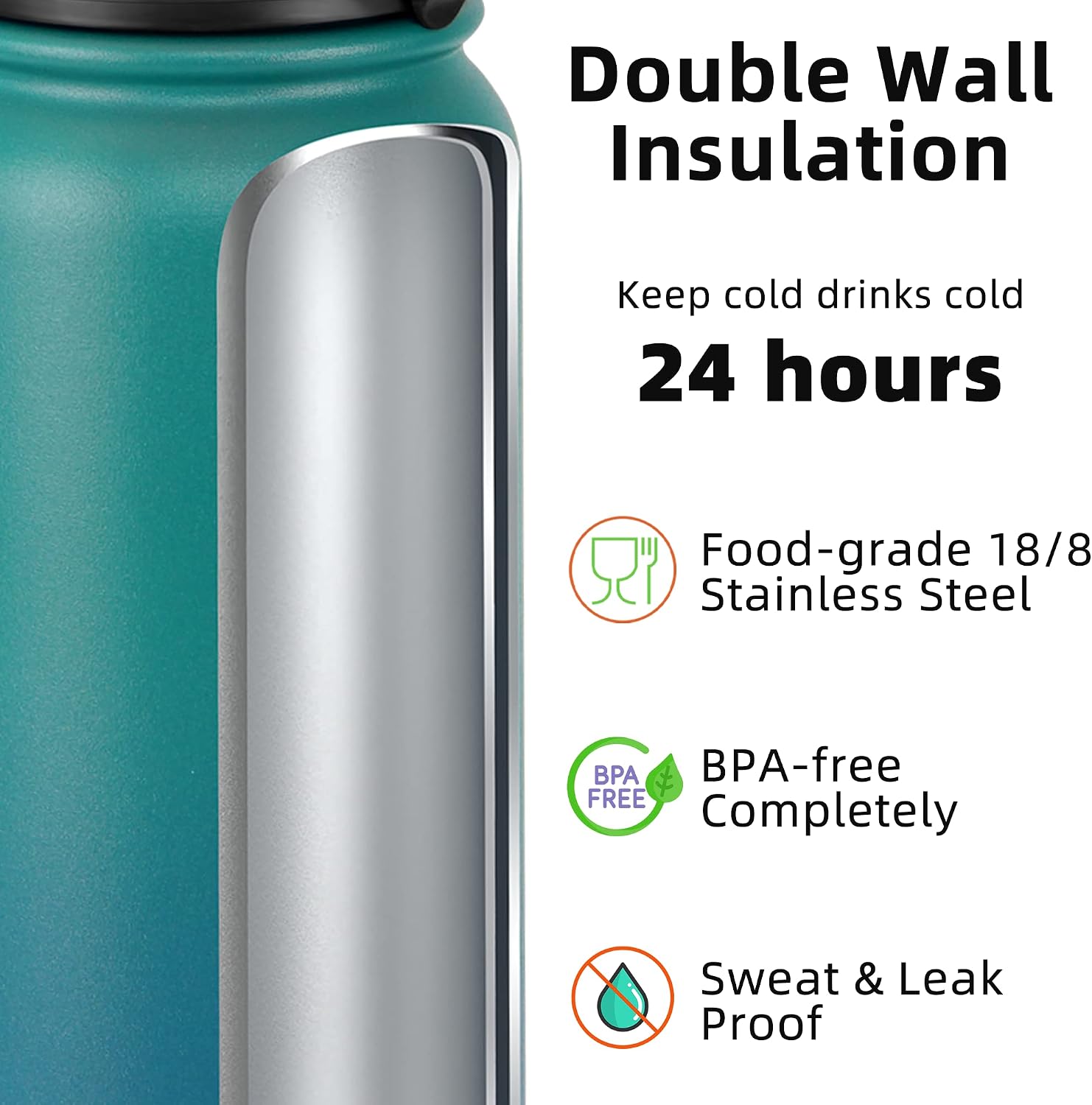 Detalle 2 de Fanhaw 40oz Kids Stainless Steel Water Bottle with Straw Lid, Green Blue