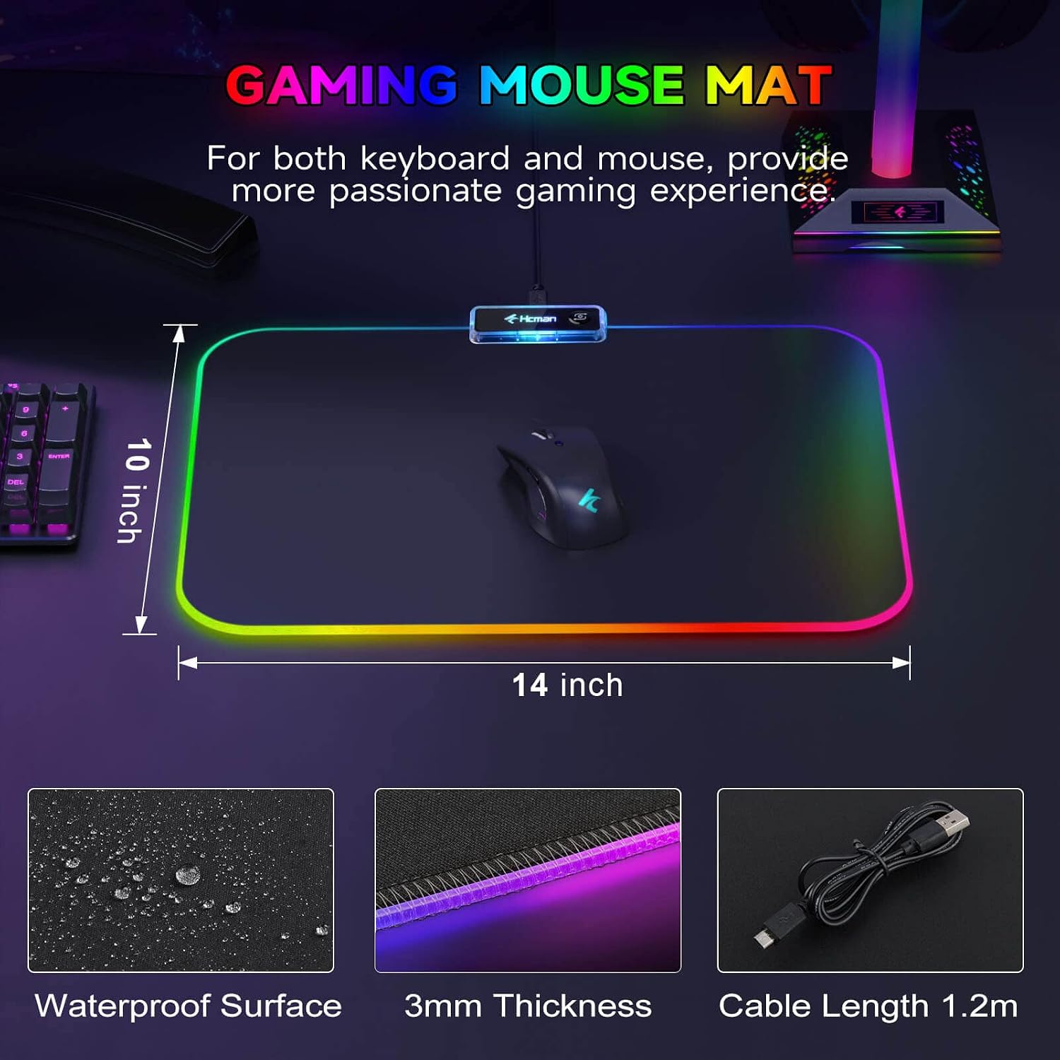 Thumbnail 3 de Hcman RGB Gaming Mouse Mat 336×245×3mm 🖱