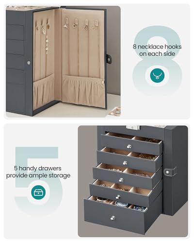 Thumbnail 7 de SONGMICS Large Jewellery Box, 6 Tiers, 5 Drawers, Lockable with Mirror