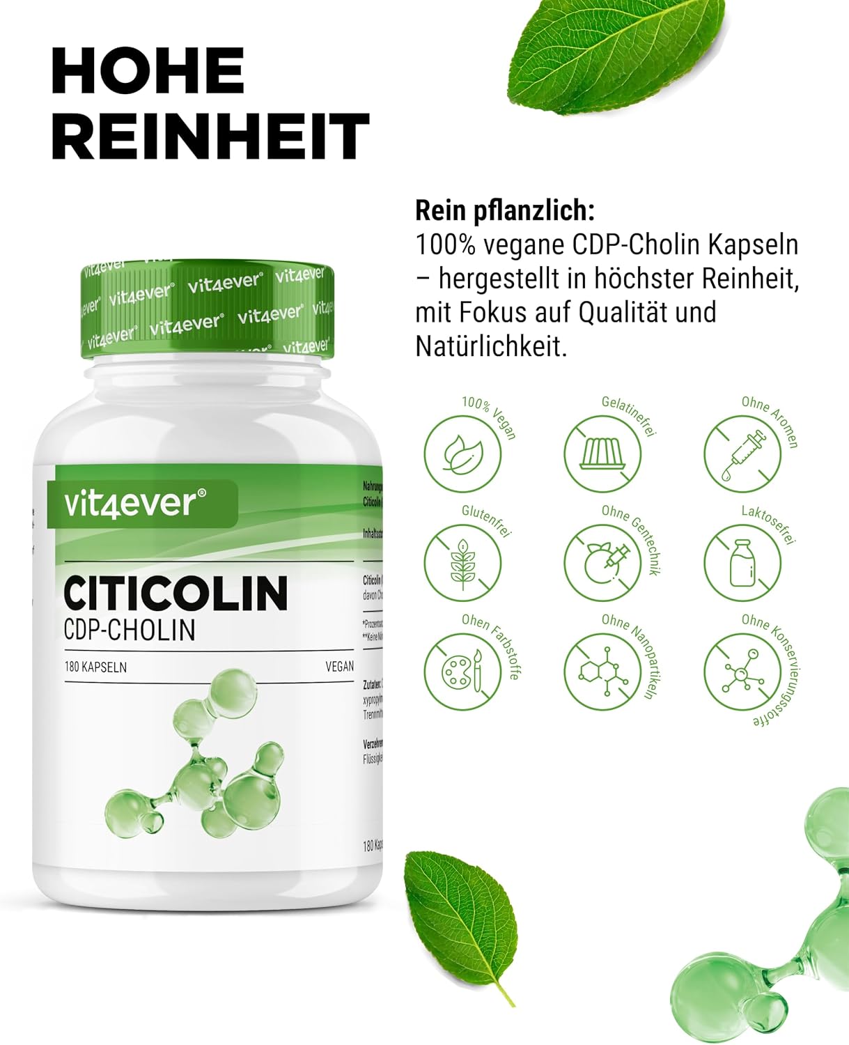 Detalle de vit4ever CDP-Cholin (Citicolin) 250 mg – 180 Kapseln, vegan