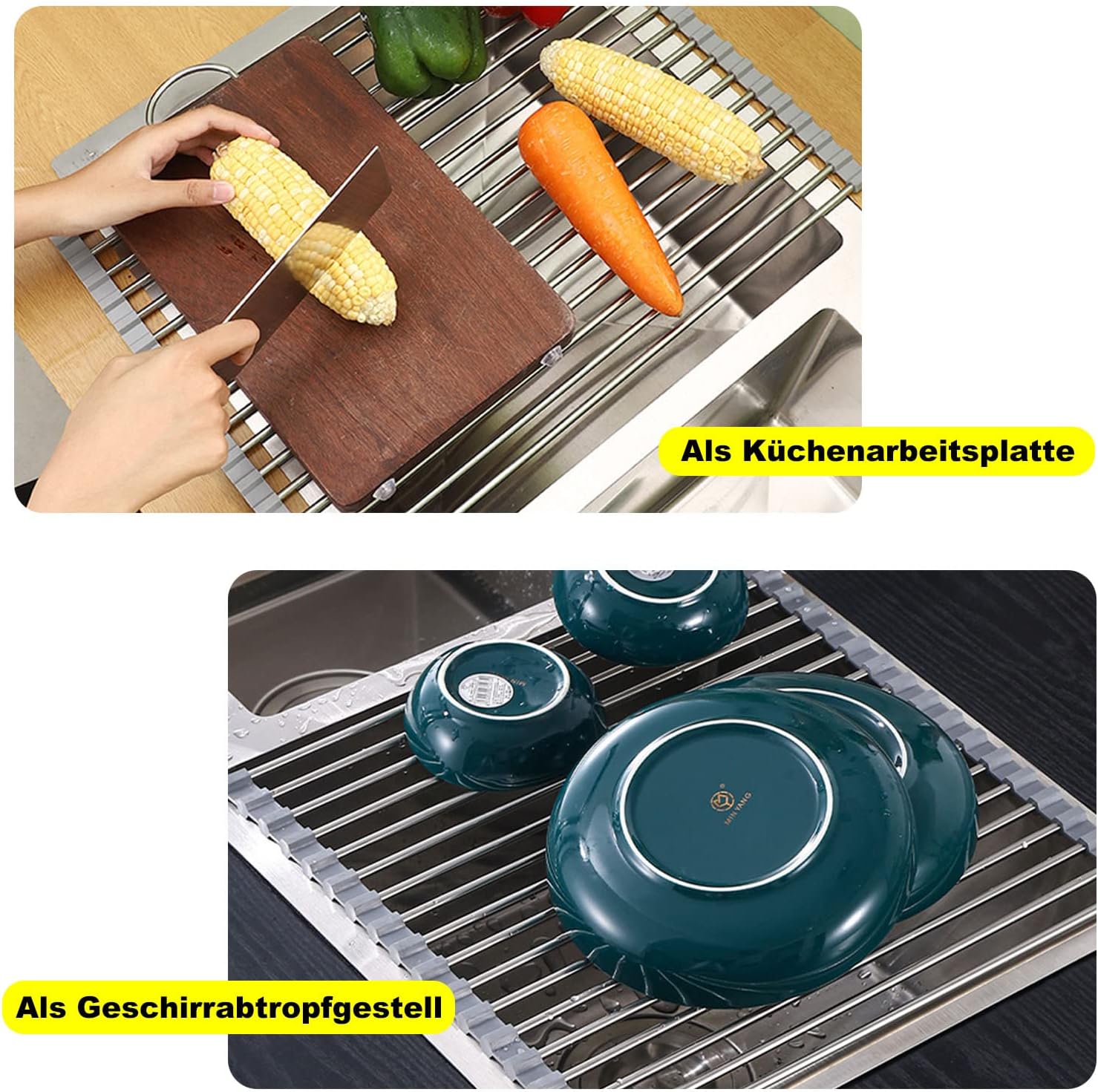 Detalle de ViWaVee Abtropfgestell Geschirr – faltbar, abnehmbar fürs Spülbecken (Grau, 43 × 35 cm)