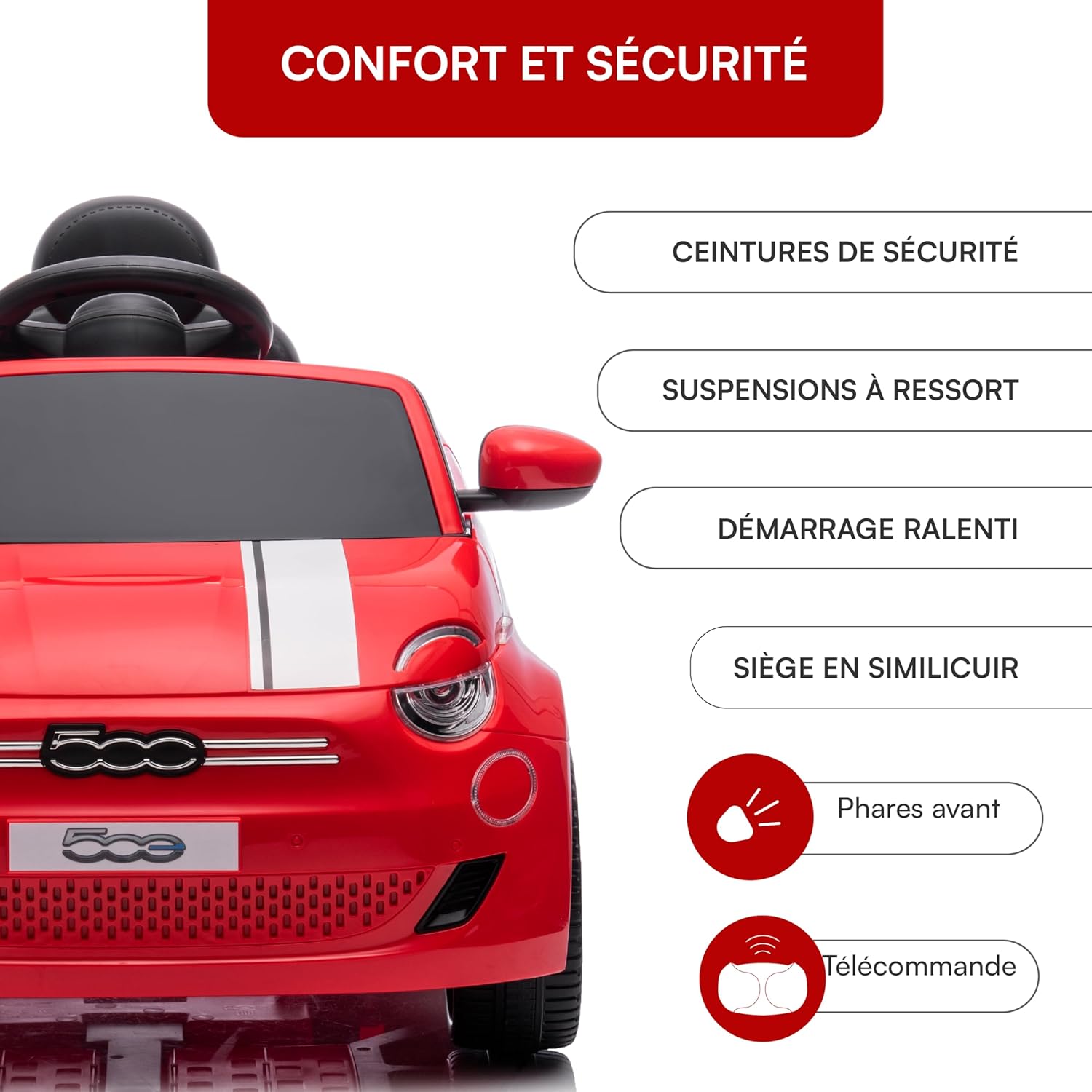 Thumbnail 5 de Baroni Toys Fiat 500 Voiture Électrique 12V pour Enfant (Rouge) — Télécommande Parentale, Sons et Lumières