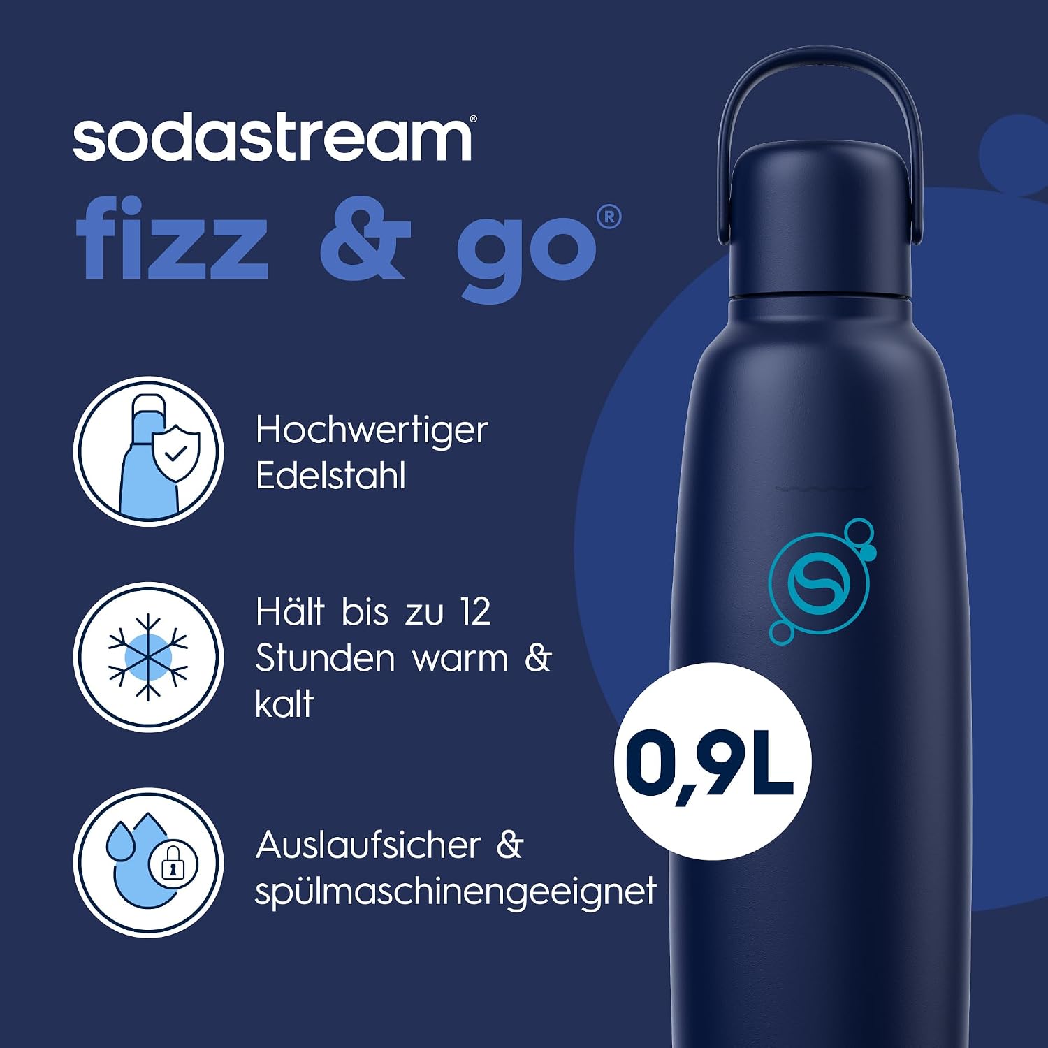 Detalle de SodaStream fizz&go COOL Edelstahlflasche 0,9 L – Blueberry, kompatibel mit DUO, E-DUO, TERRA, ART, ENSO