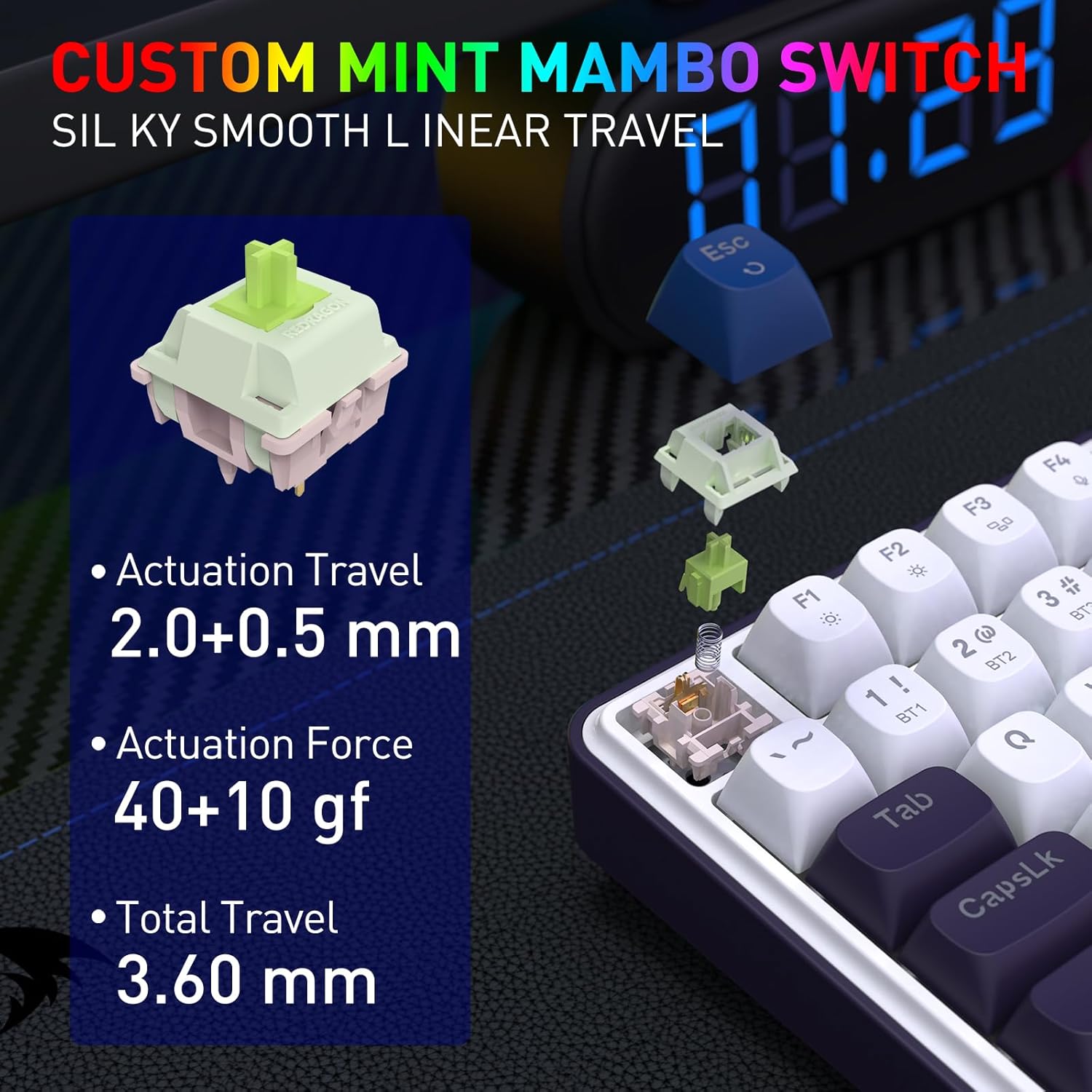 Detalle de Redragon K744 Pro clavier de jeu sans fil RVB 99 touches mécanique (3 modes) à prises remplaçables à chaud