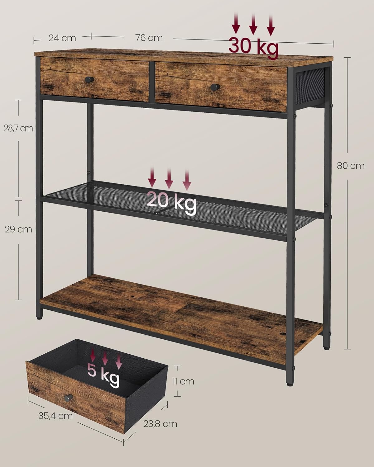 Detalle de VASAGLE LNT092K01 console étroite 24×76×80 cm