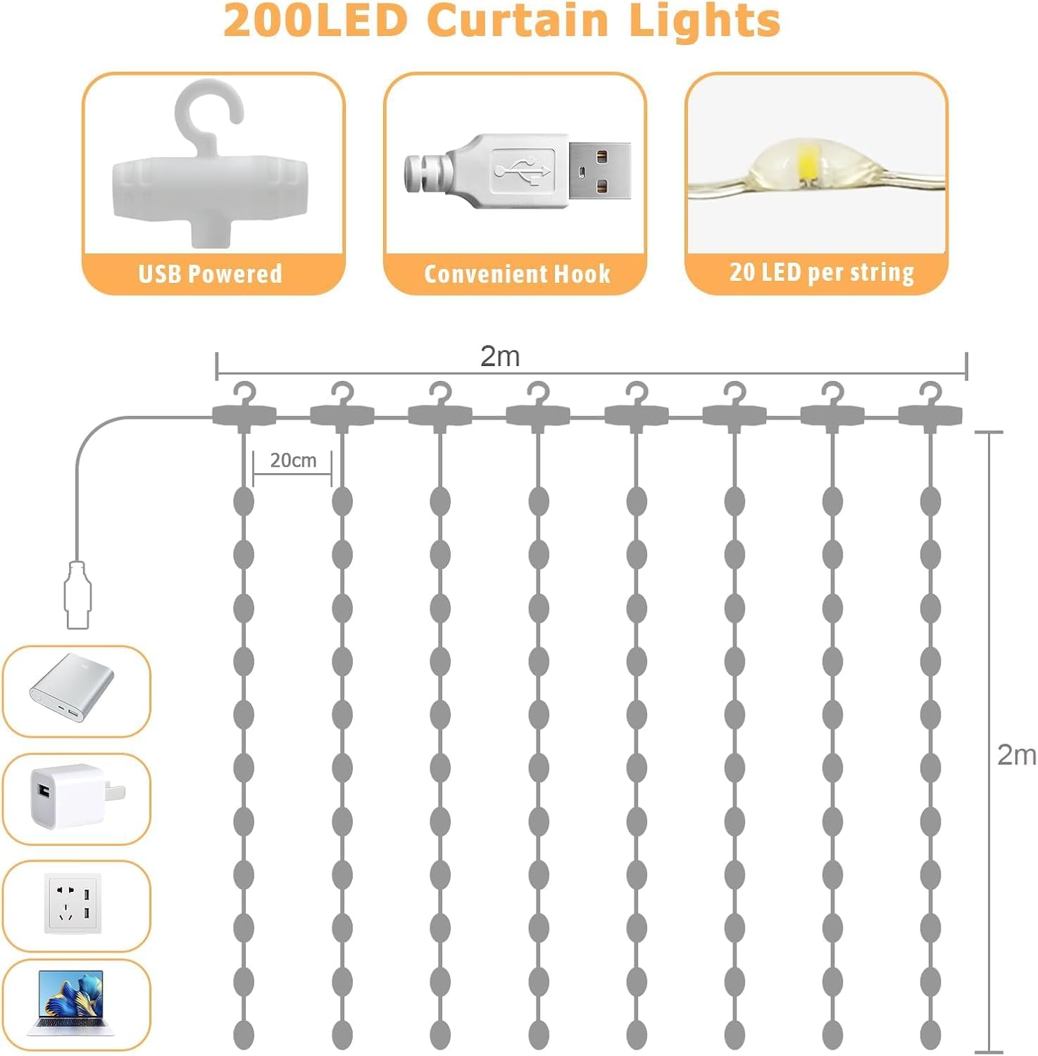Thumbnail 3 de Lichtervorhang Warmweiß 200 LED – 2 m x 2 m USB Lichterkette für innen (Vorhang-Optik)