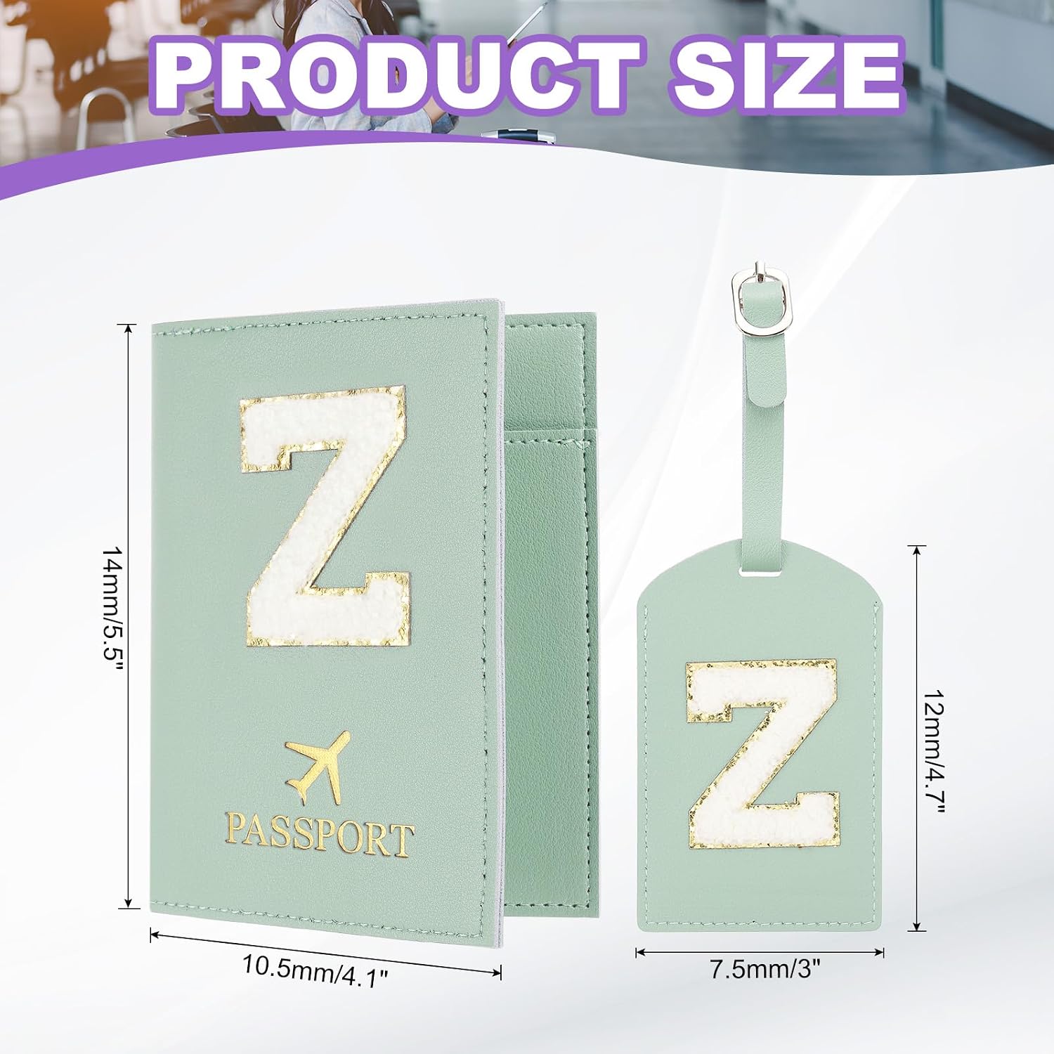 Detalle 2 de PATIKIL Passport Holder for Travel – Green Z initial passport cover & luggage tag set