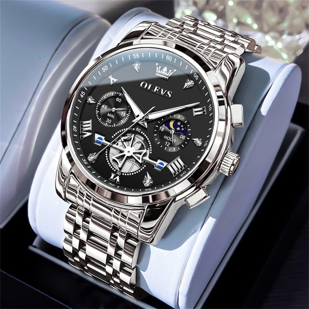 Thumbnail 2 de OLEVS Herren Chronograph Quarz-Uhr mit Analog-Anzeige, wasserdicht bis 30 m, leuchtenden Markierungen aus Edelstahl