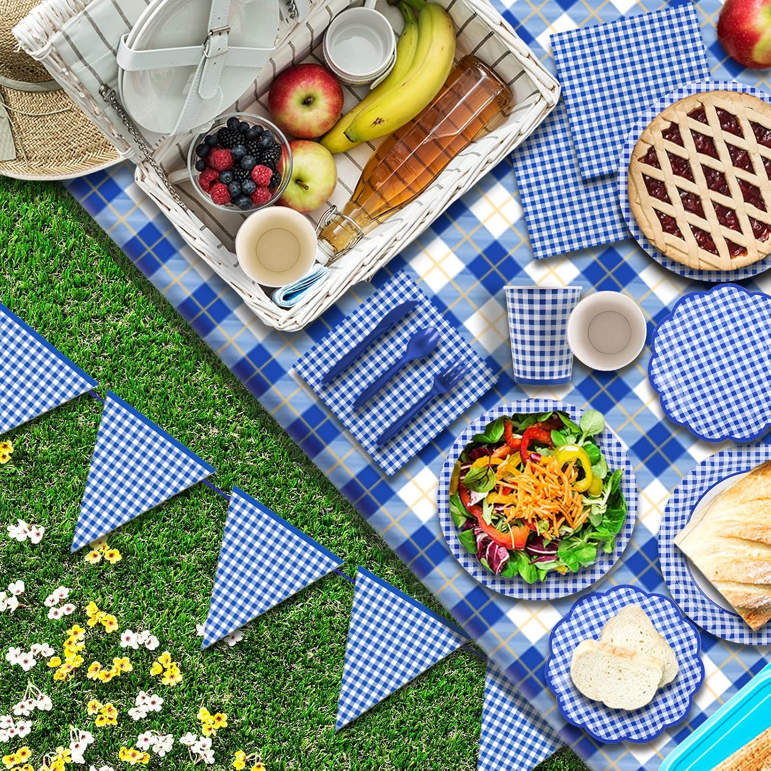 Thumbnail 3 de Gatherfun Gingham Blue and White Party Supplies — Disposable 25-Person Tableware Set with Tablecloth and Banner