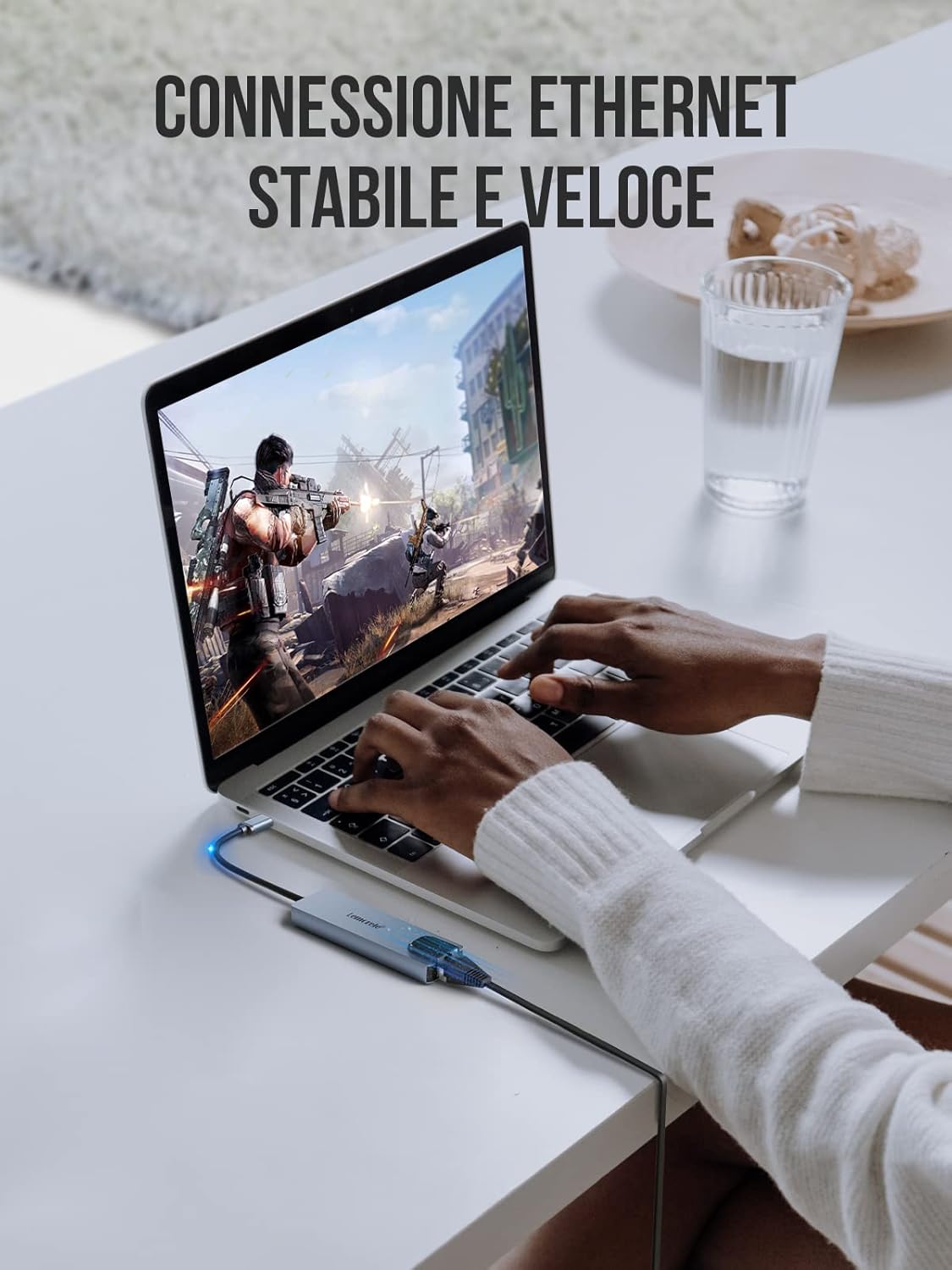 Detalle de Lemorele Hub USB‑C Ethernet 5‑in‑1: docking station in alluminio per HDMI 4K, Ethernet 100Mb, PD 100W e USB‑A