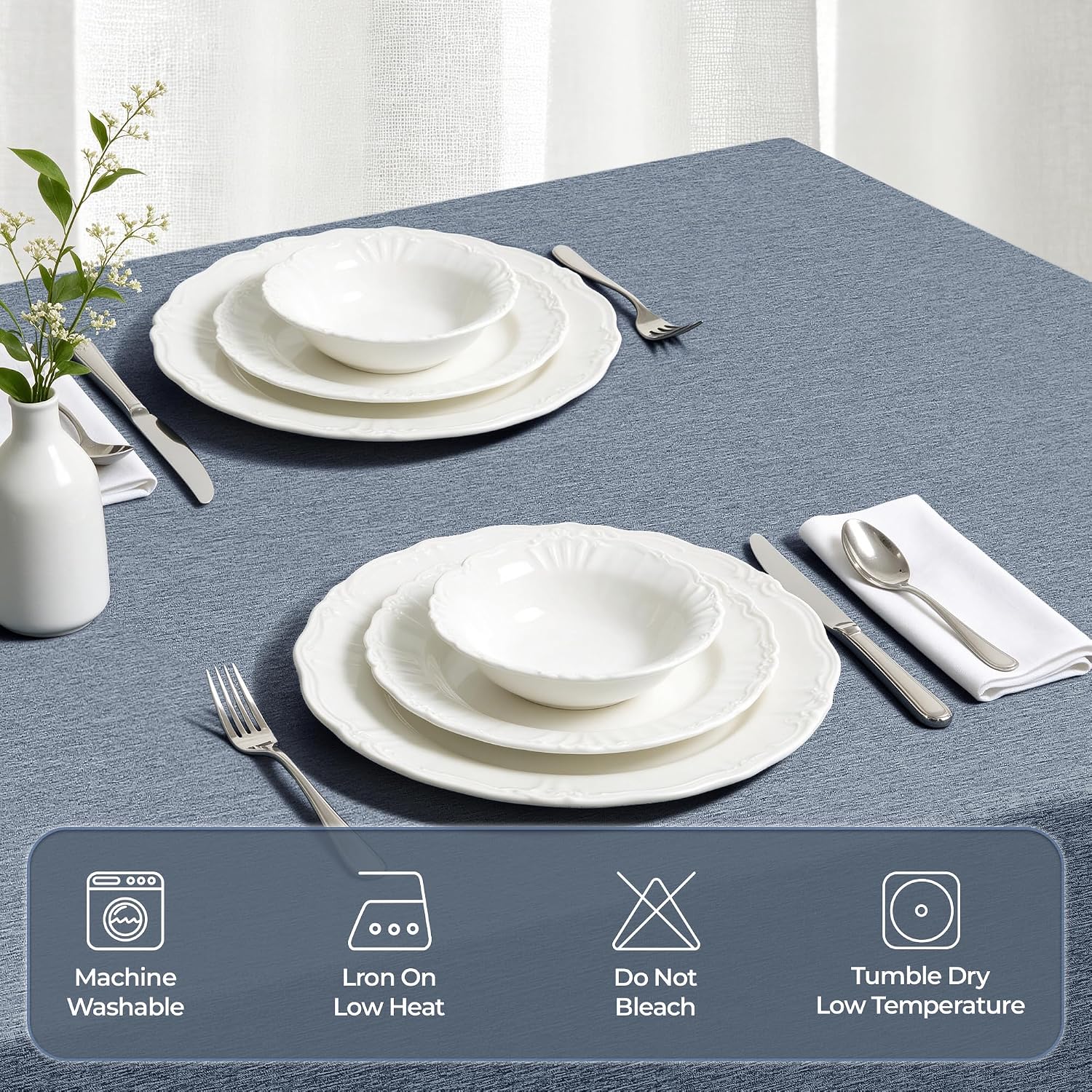 Detalle de Decorelia 60" x 84" Faux Linen Tablecloth, Denim Blue, Waterproof Polyester