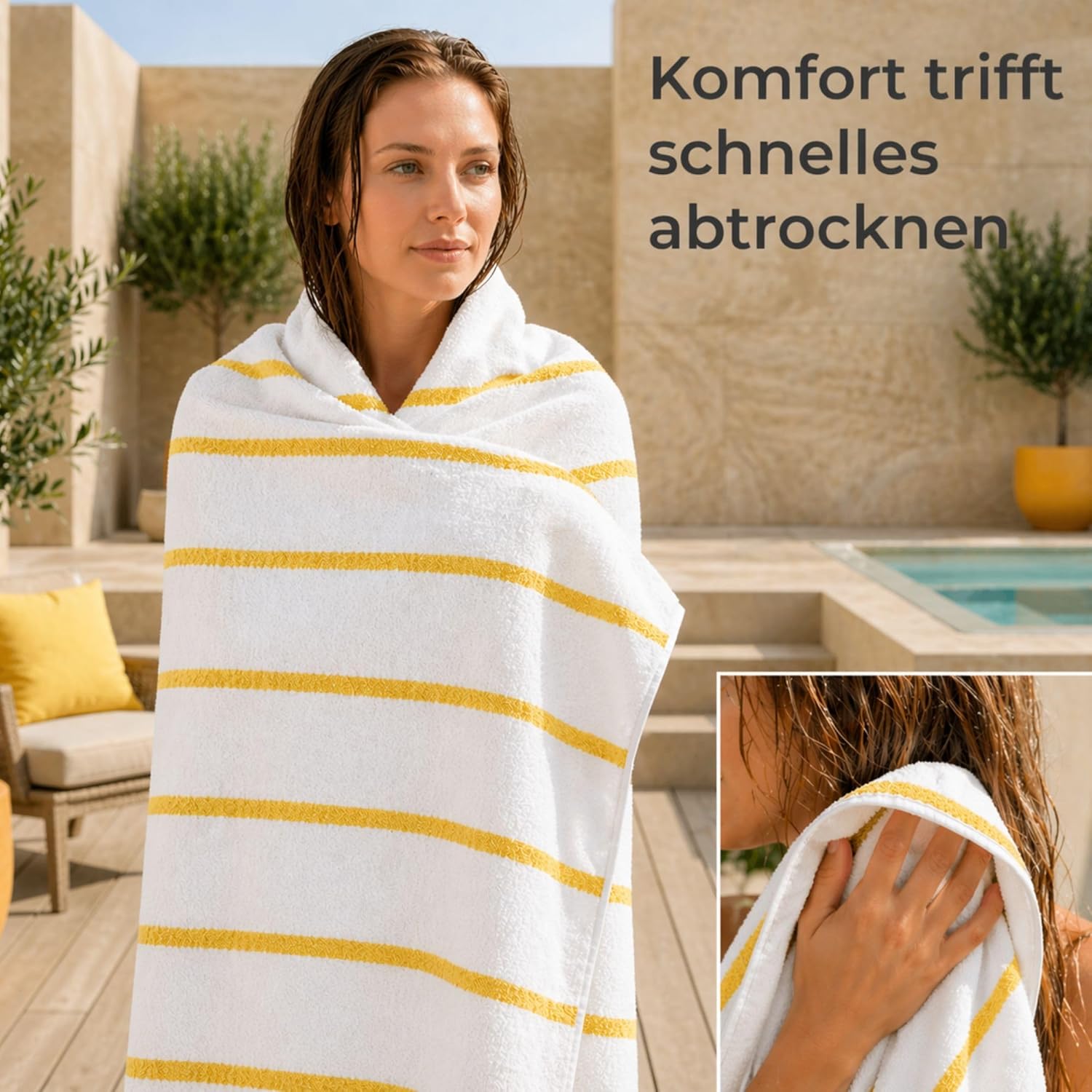Thumbnail 4 de Komfortec Serviette de Plage 100 x 180 cm en coton à rayures – grand drap de bain, douceur absorbante