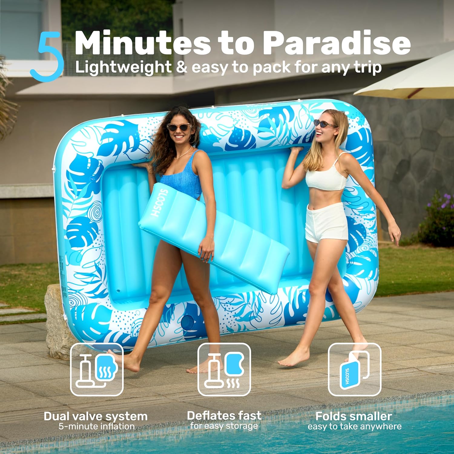 Detalle 2 de SLOOSH Inflatable Tanning Pool Lounger Float – 85" x 57" XL with Pillow, Blue