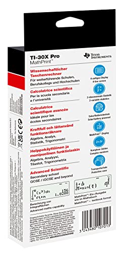 Detalle de Texas Instruments TI-30X Pro MathPrint Schulrechner – 4-zeiliges Display, Solar- und Batteriebetrieb, Schwarz