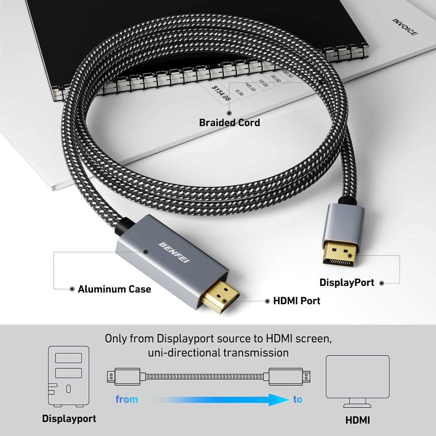 Detalle de BENFEI 4K DisplayPort zu HDMI Kabel 1,8 m – Geflochten, Aluminiumgehäuse, 5er-Pack