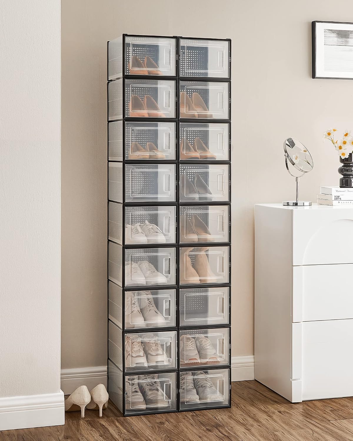 Detalle de SONGMICS Scatole per Scarpe LSP007B18, set da 18 contenitori pieghevoli e impilabili fino alla taglia 46
