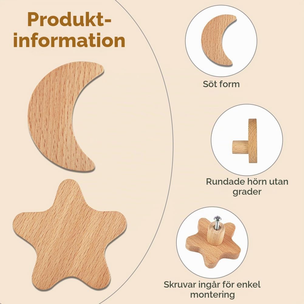 Detalle de Aolso 5155634 skåpknoppar i trä, 6-pack med stjärna, måne och moln